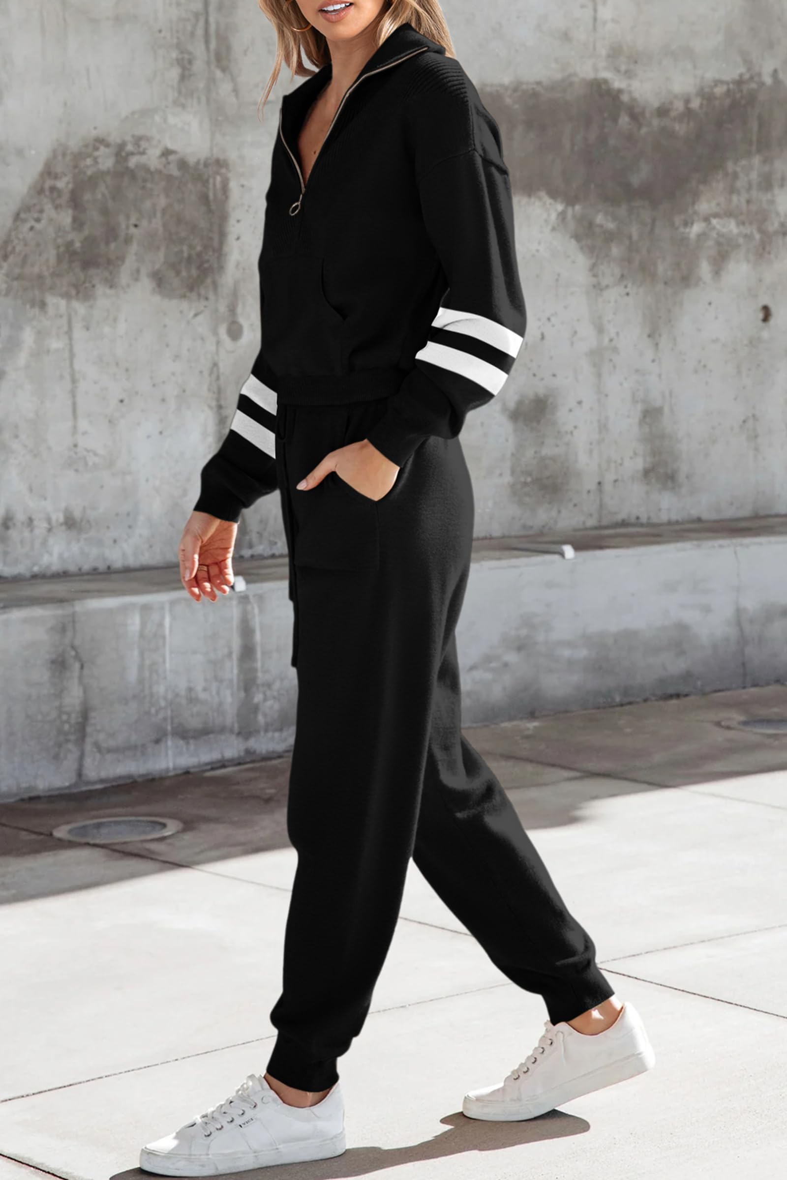 Women's 2 Piece Sweatsuits Set Fall Outfits(Striped Black,L)