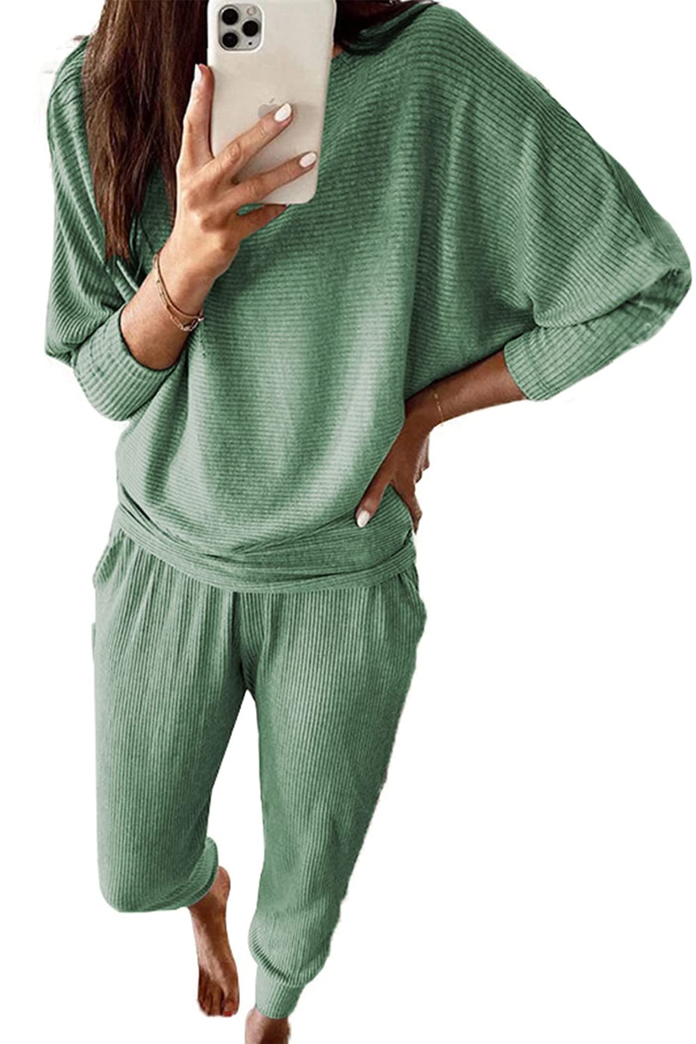 Women's 2 Piece Fall Outfits Matching Ribbed Knit Lounge Sets