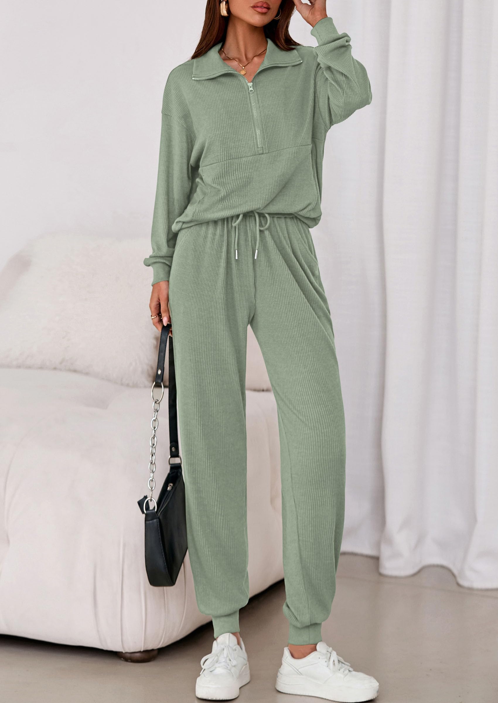 Airport Travel Outfit Women Ribbed Knit Matching Lounge Sets