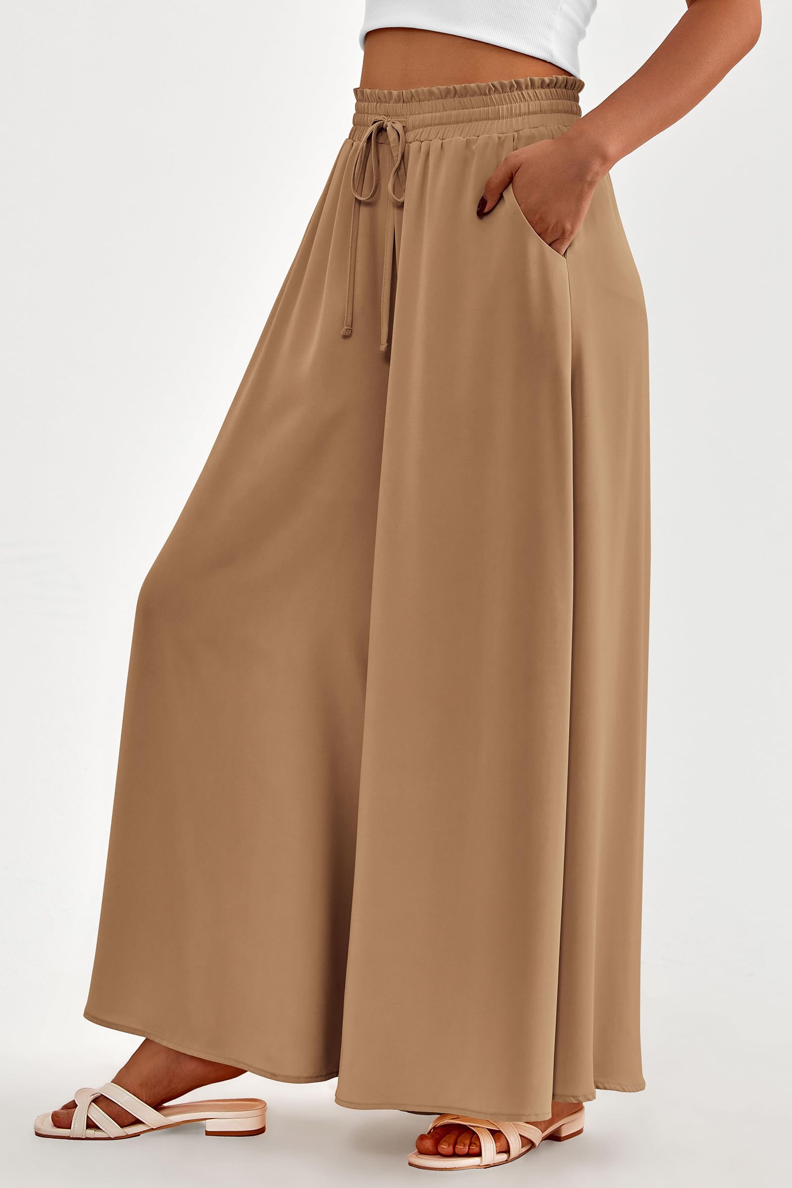 Summer Wide Leg Palazzo Pants for Women Casual,Khaki,S