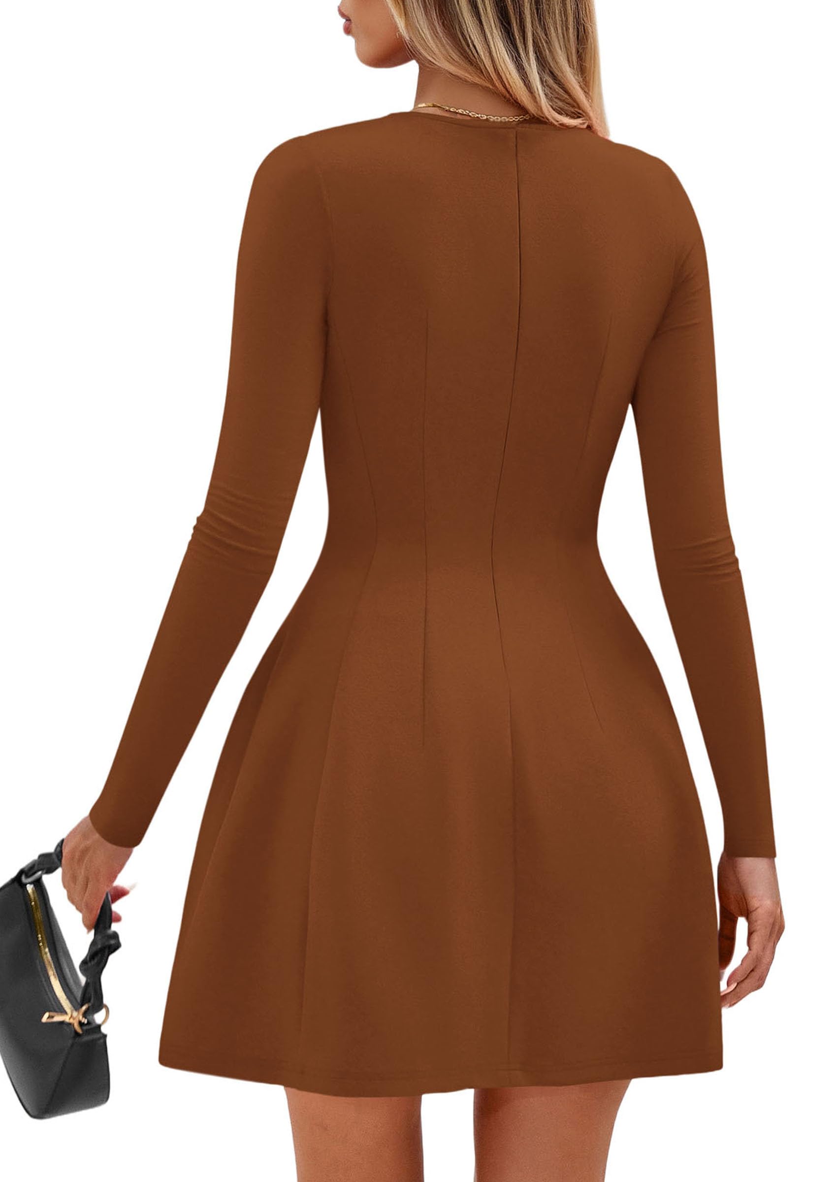 Womens Long Sleeve Pleated Mini Dress,Caramel,XS