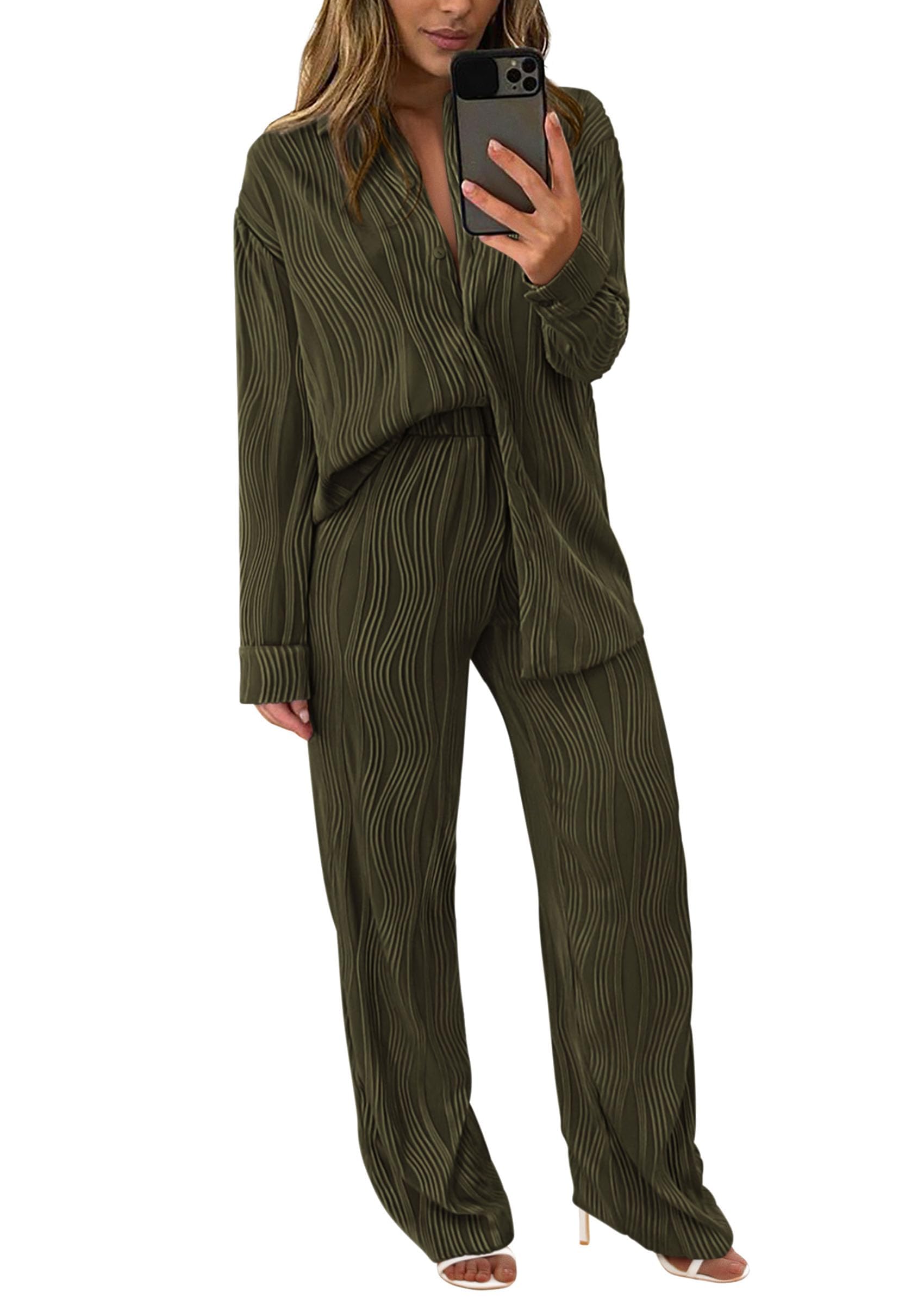 Womens 2 Piece Sets Button Down Lounge Tracksuit,Army Green,M