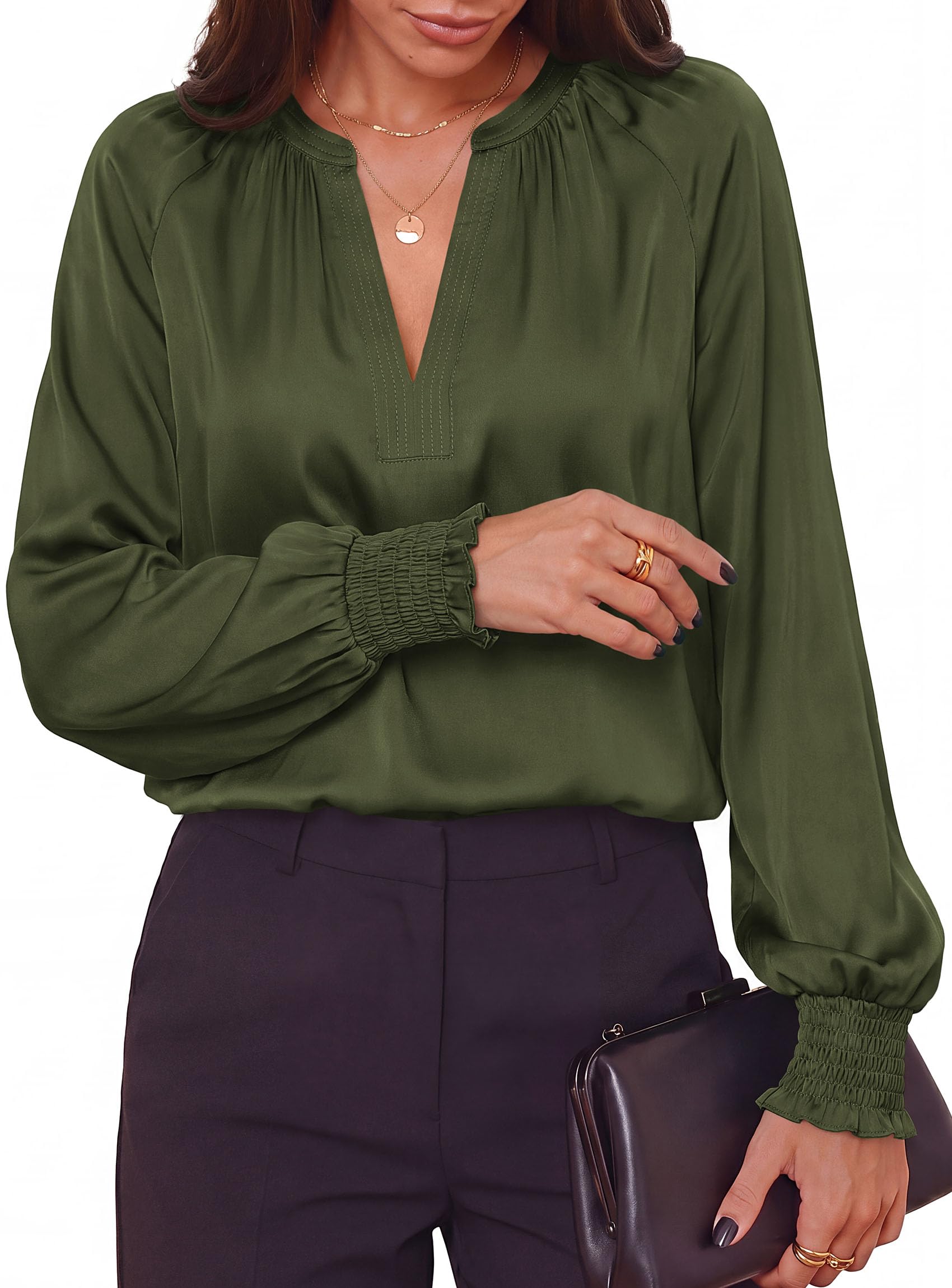 Women's Satin Blouses V Neck Long Sleeve Tops,Army Green,L