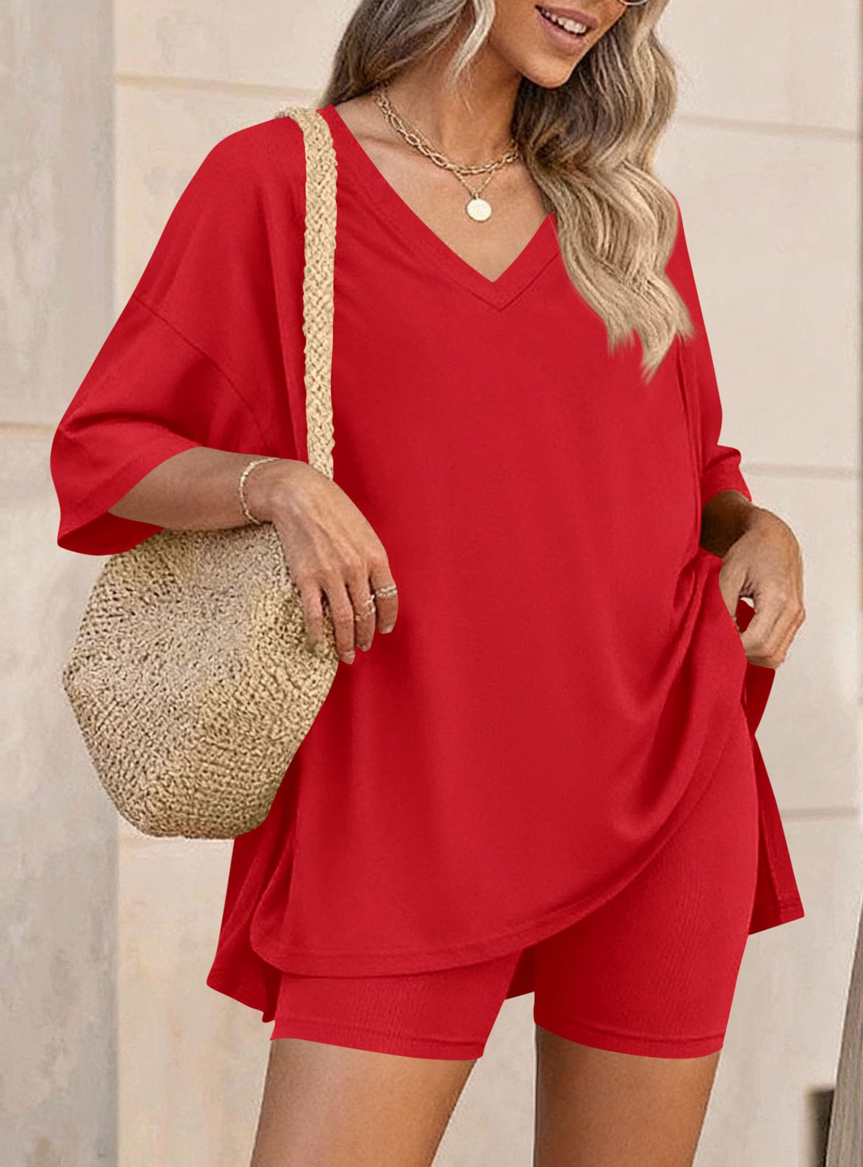 Womens 2 Piece Outfit Lounge Short Sets,Red,S