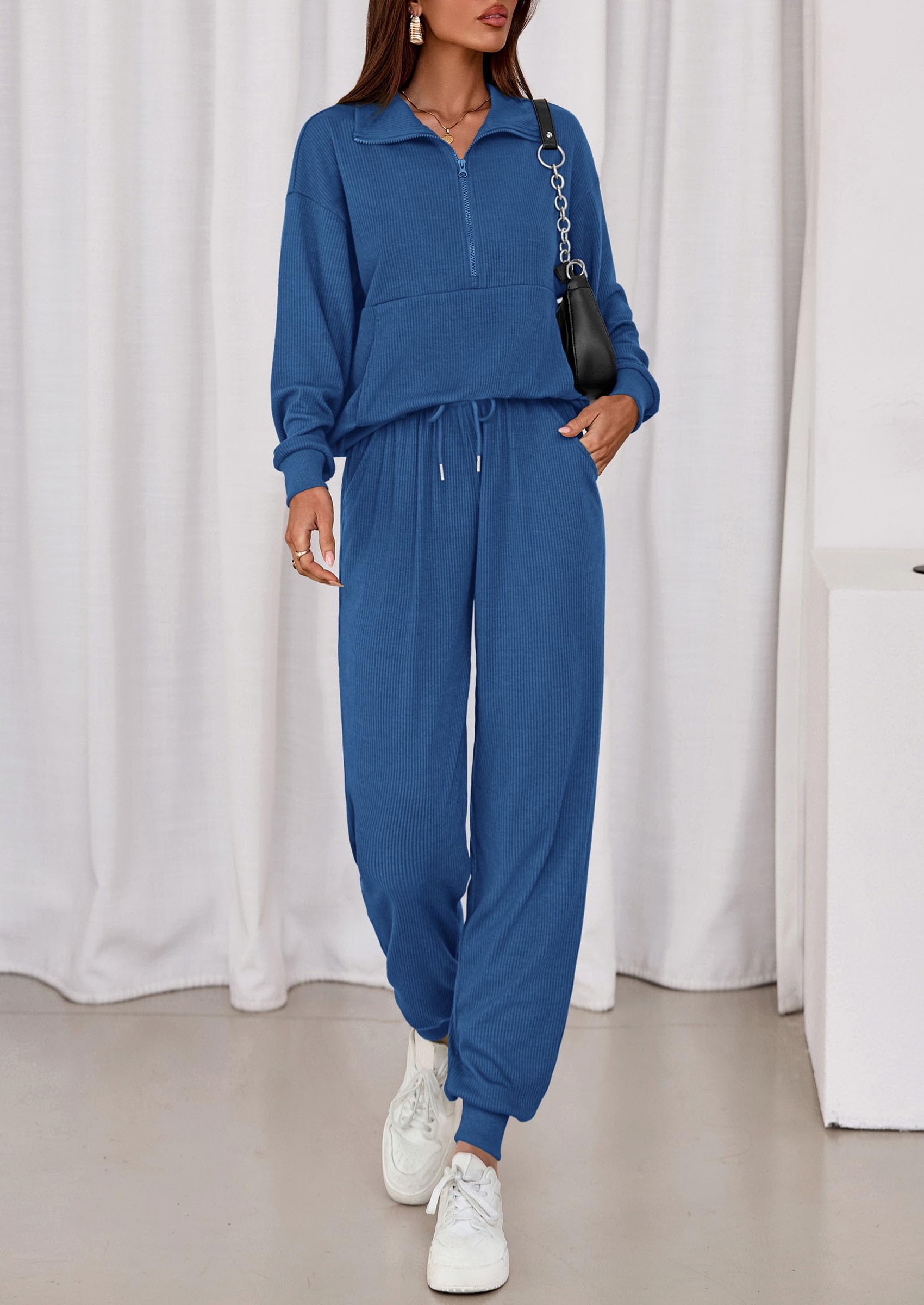 Airport Travel Outfit Women Ribbed Knit Matching Lounge Sets