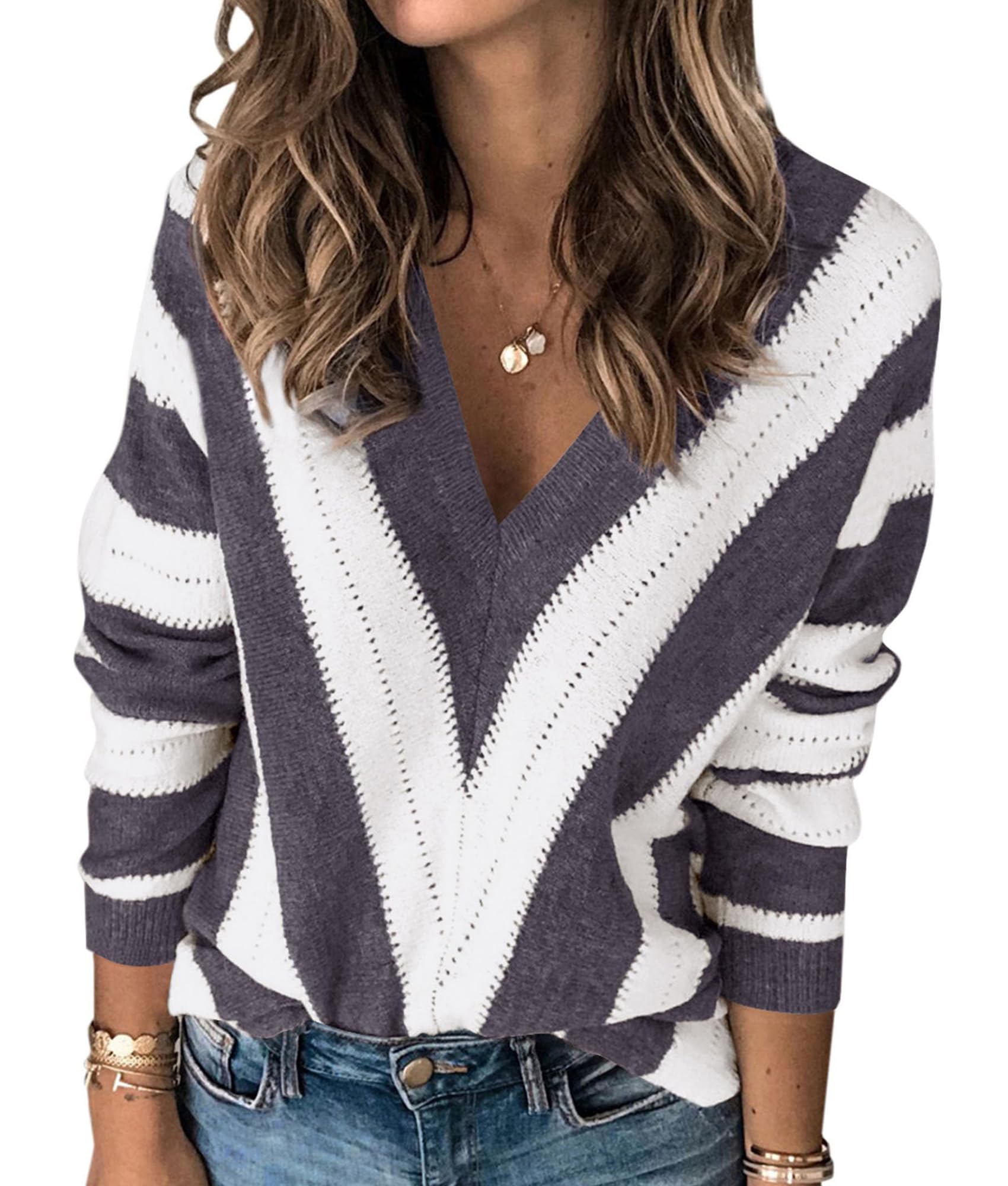 Women's V Neck Striped Knit Pullover Sweater