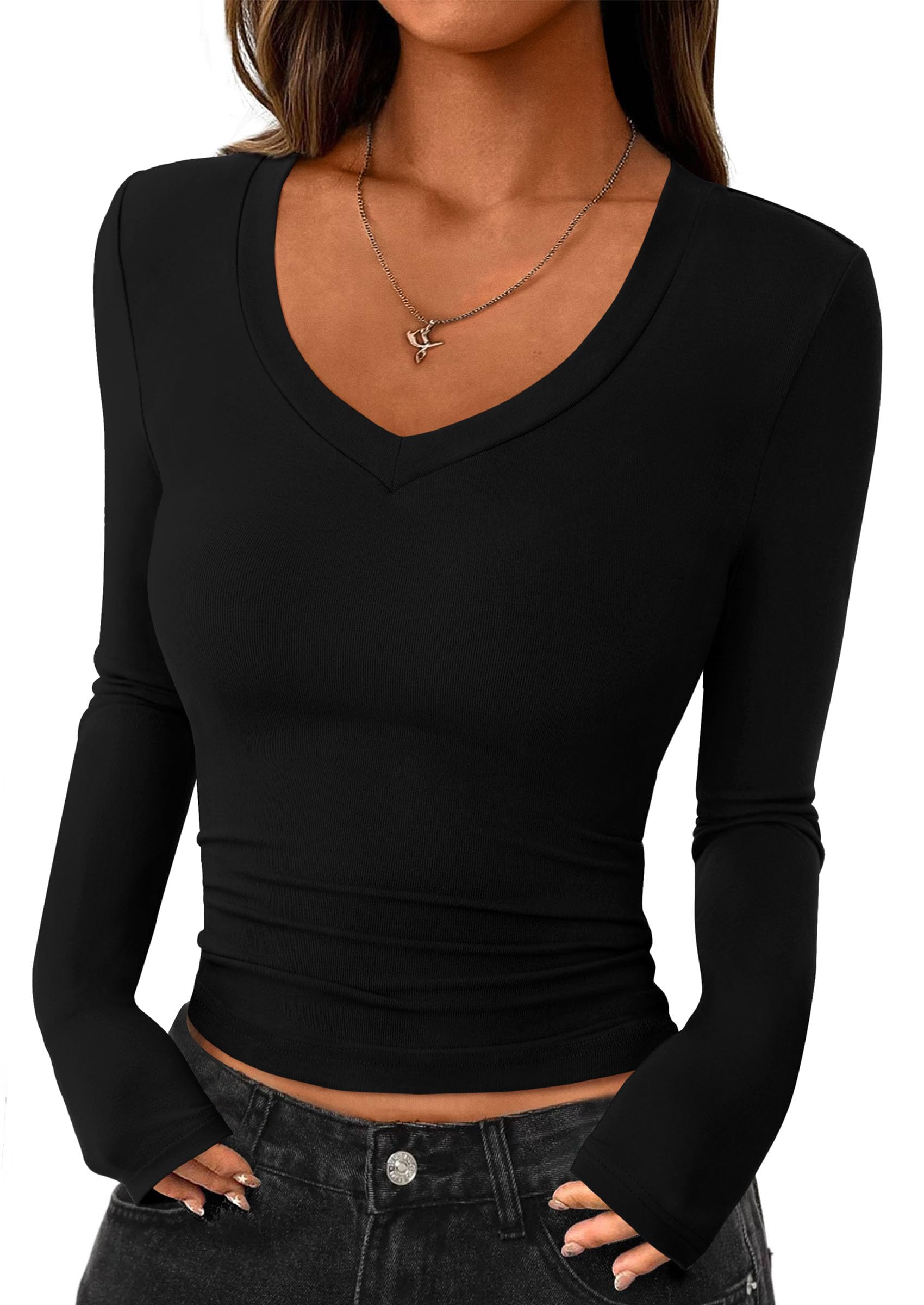 Womens Long Sleeve Slim Fit Crop Tops,Black,XS