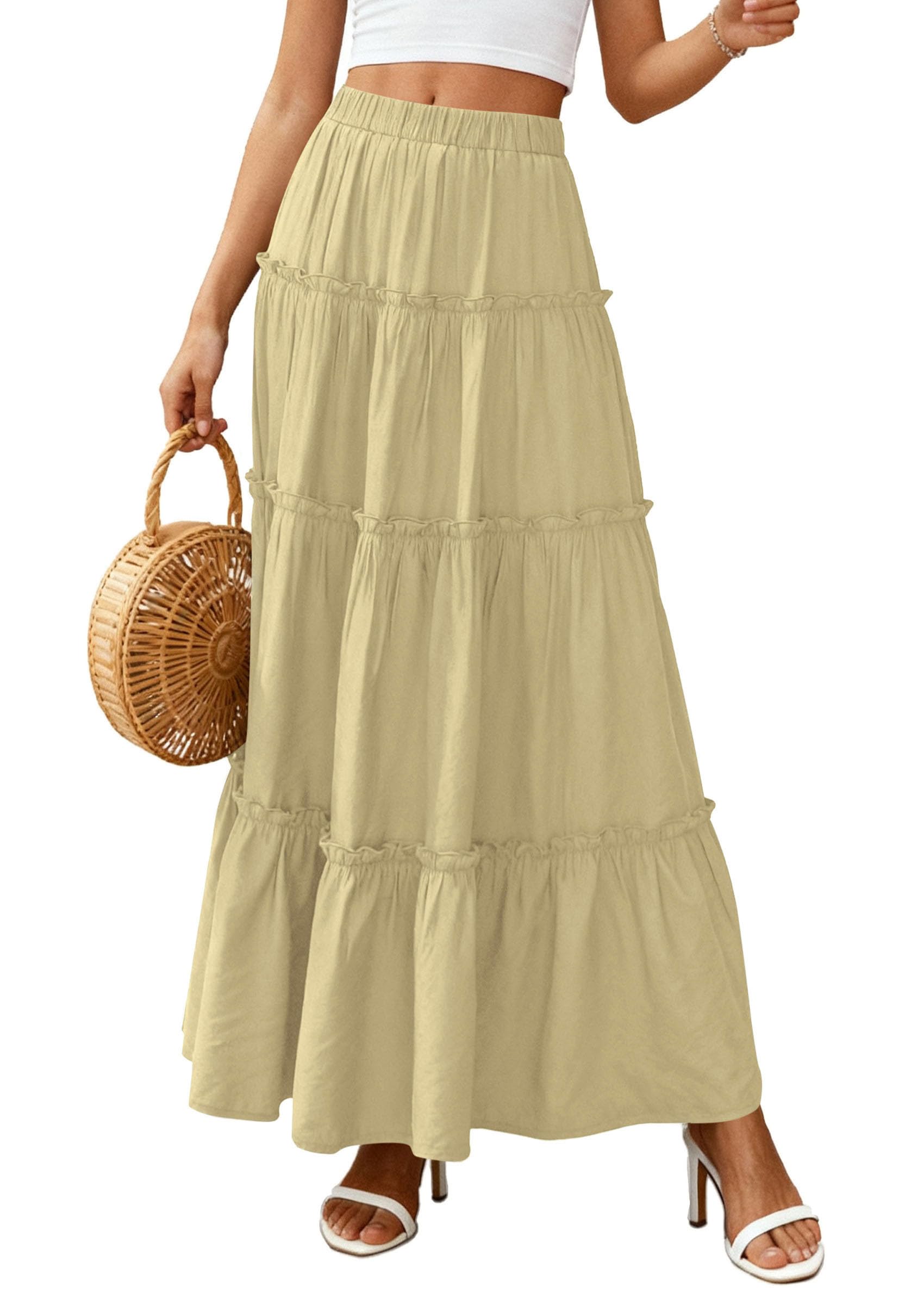 Women's Boho Tiered Ruffle Flowy Maxi Skirt, Yellow,S