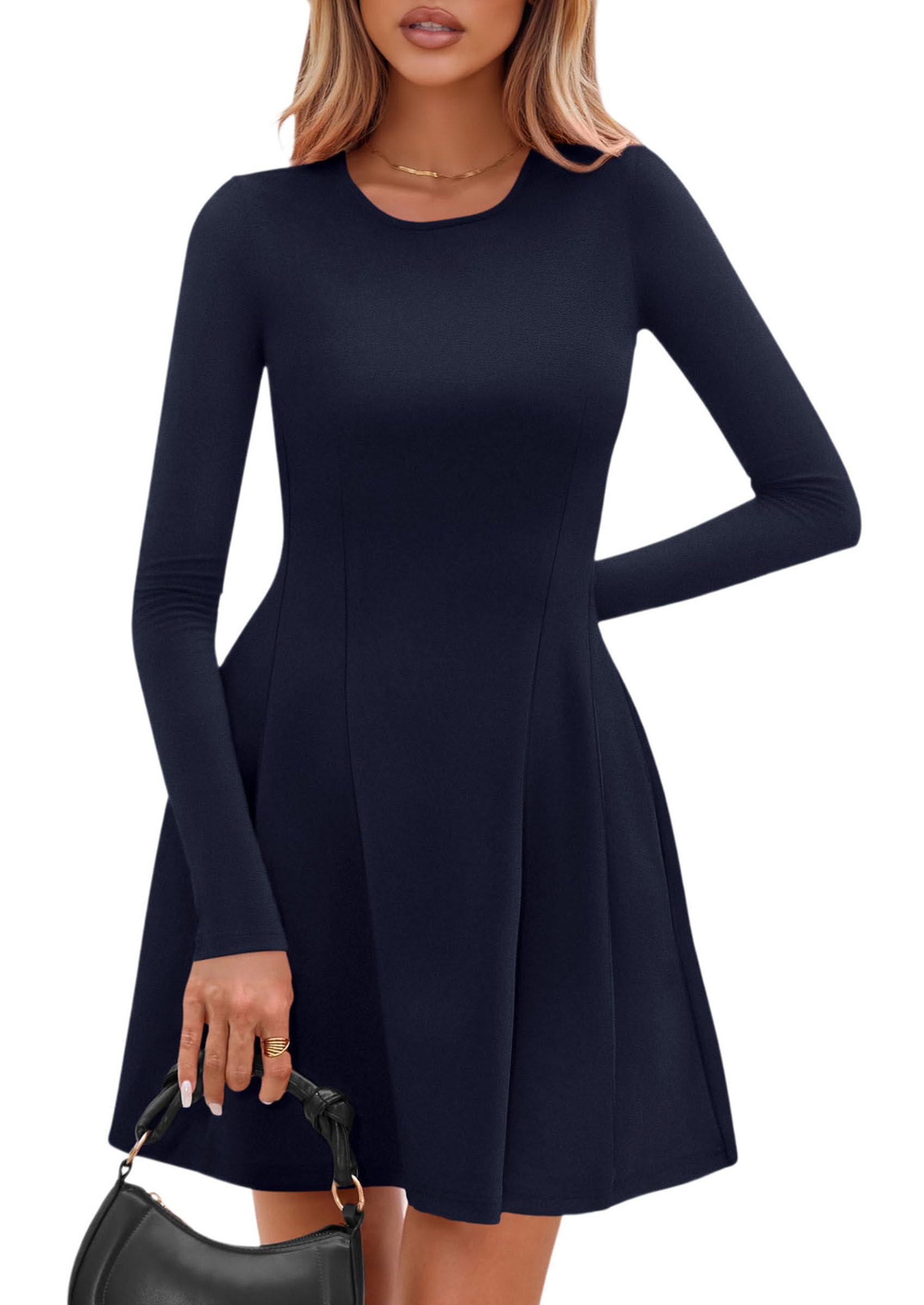 Womens Long Sleeve Pleated Mini Dress,Navy,XS