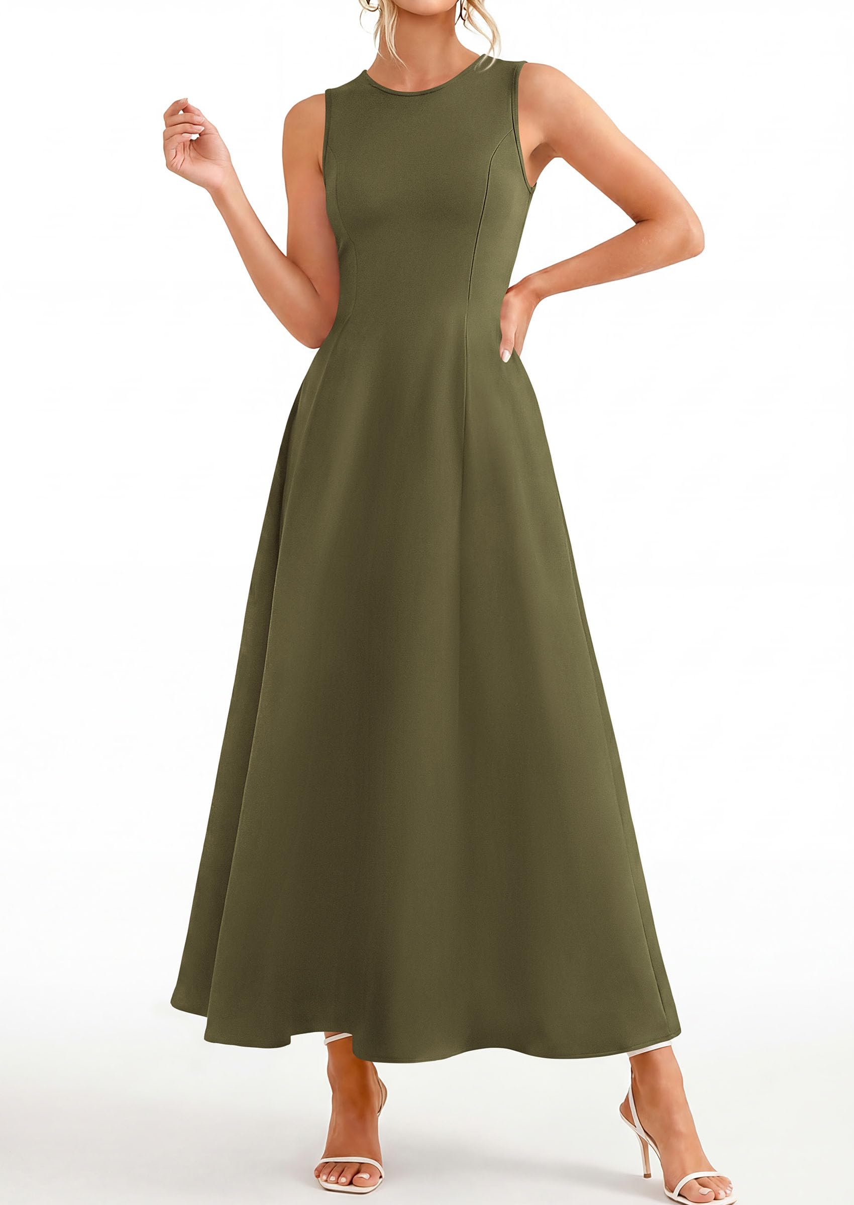 Women's Sleeveless Summer Elegant Maxi Dresses, Army Green,S