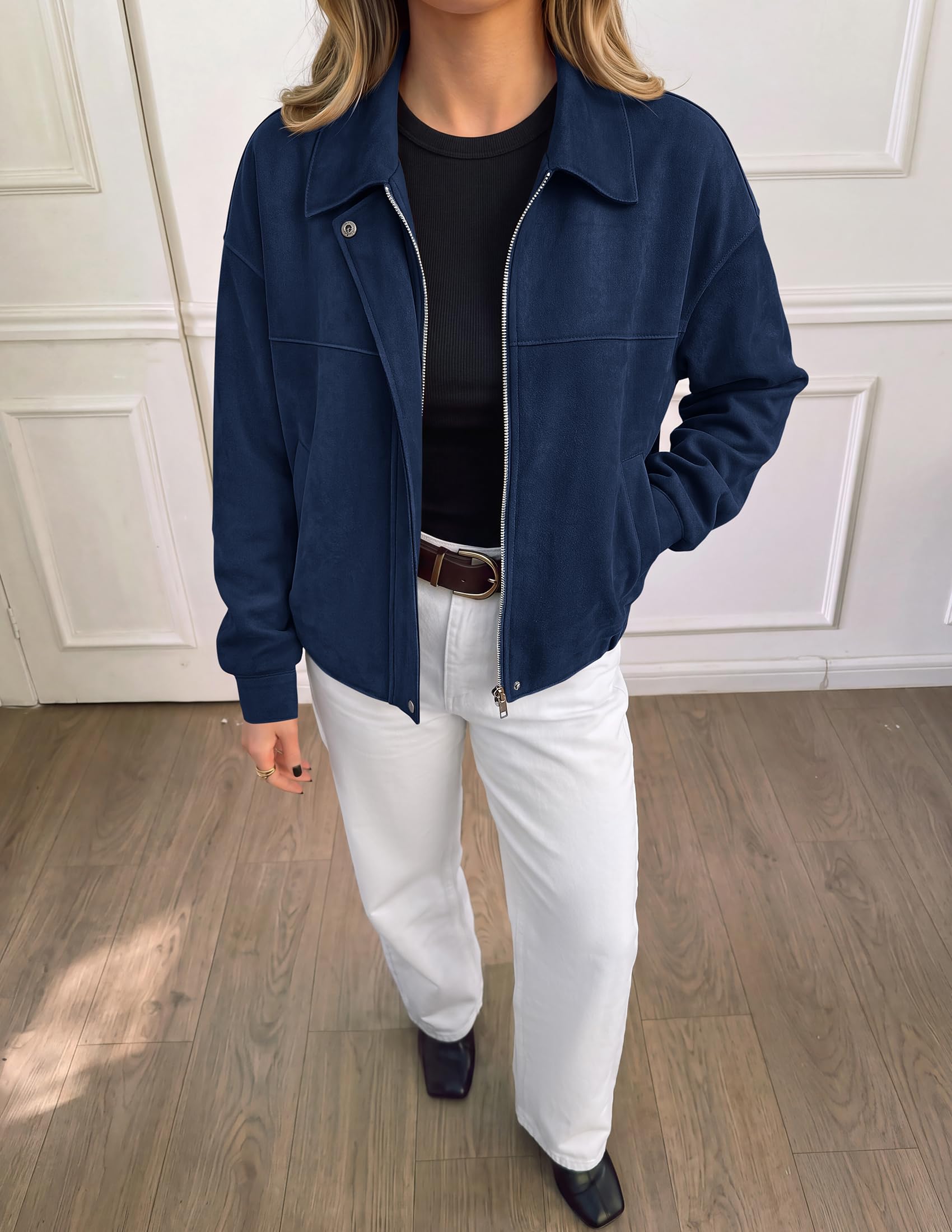 Women's Faux Suede Cropped Fall Jackets,Navy,S
