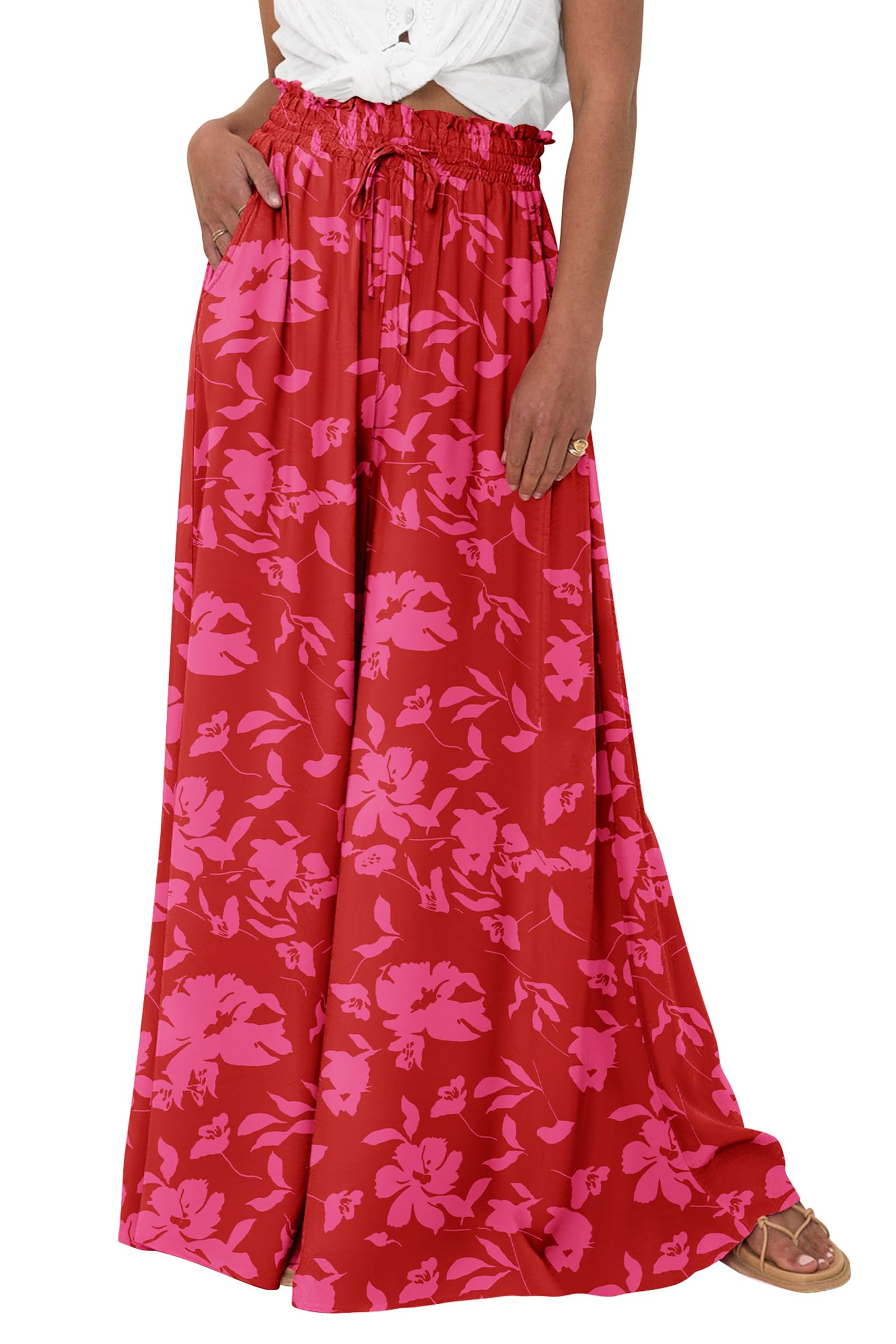 Summer Wide Leg Palazzo Pants for Women Casual,Print Red,S