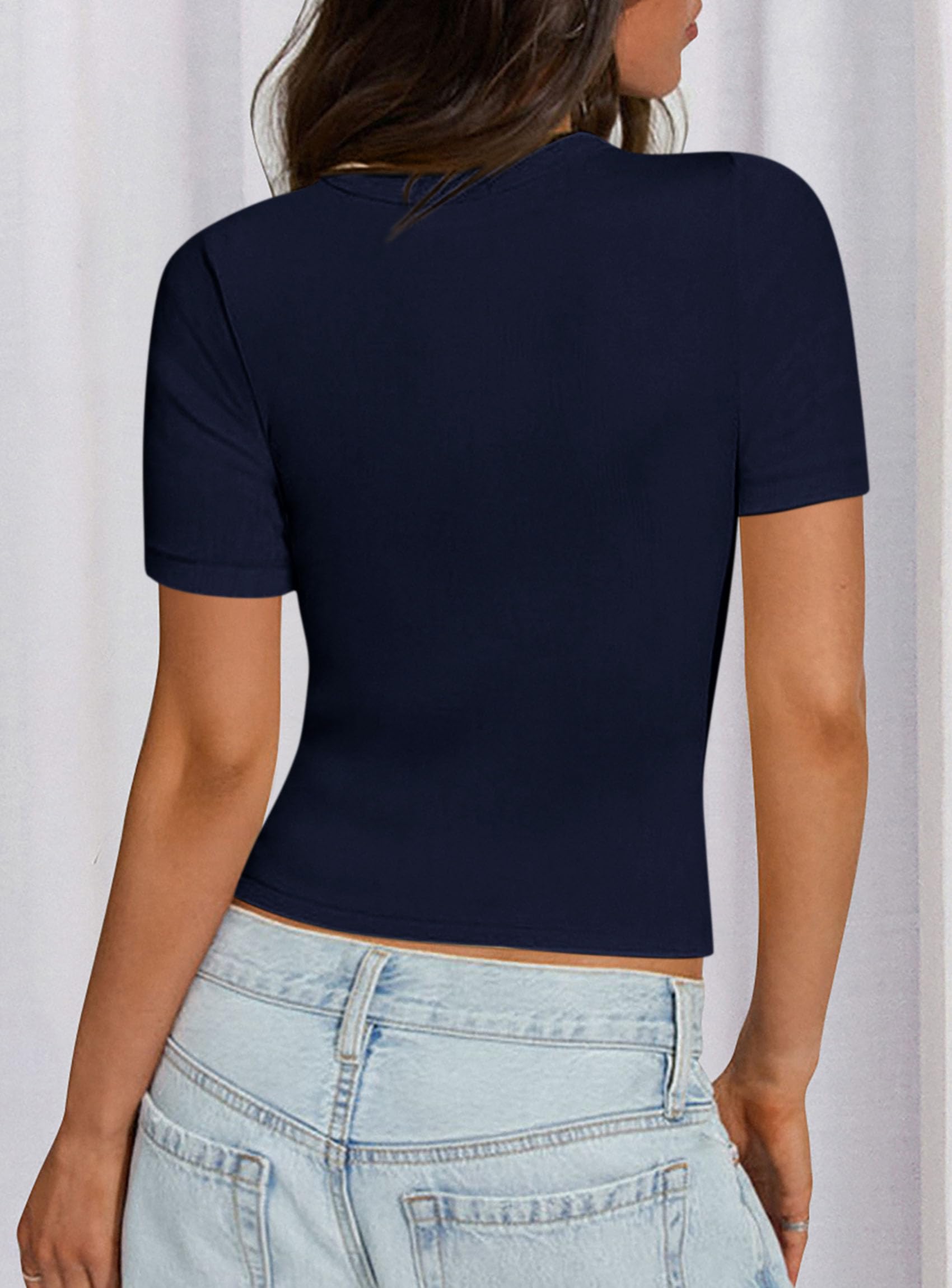 Womens Short Sleeve Slim Fit Basic Shirts,Dark Blue,XS
