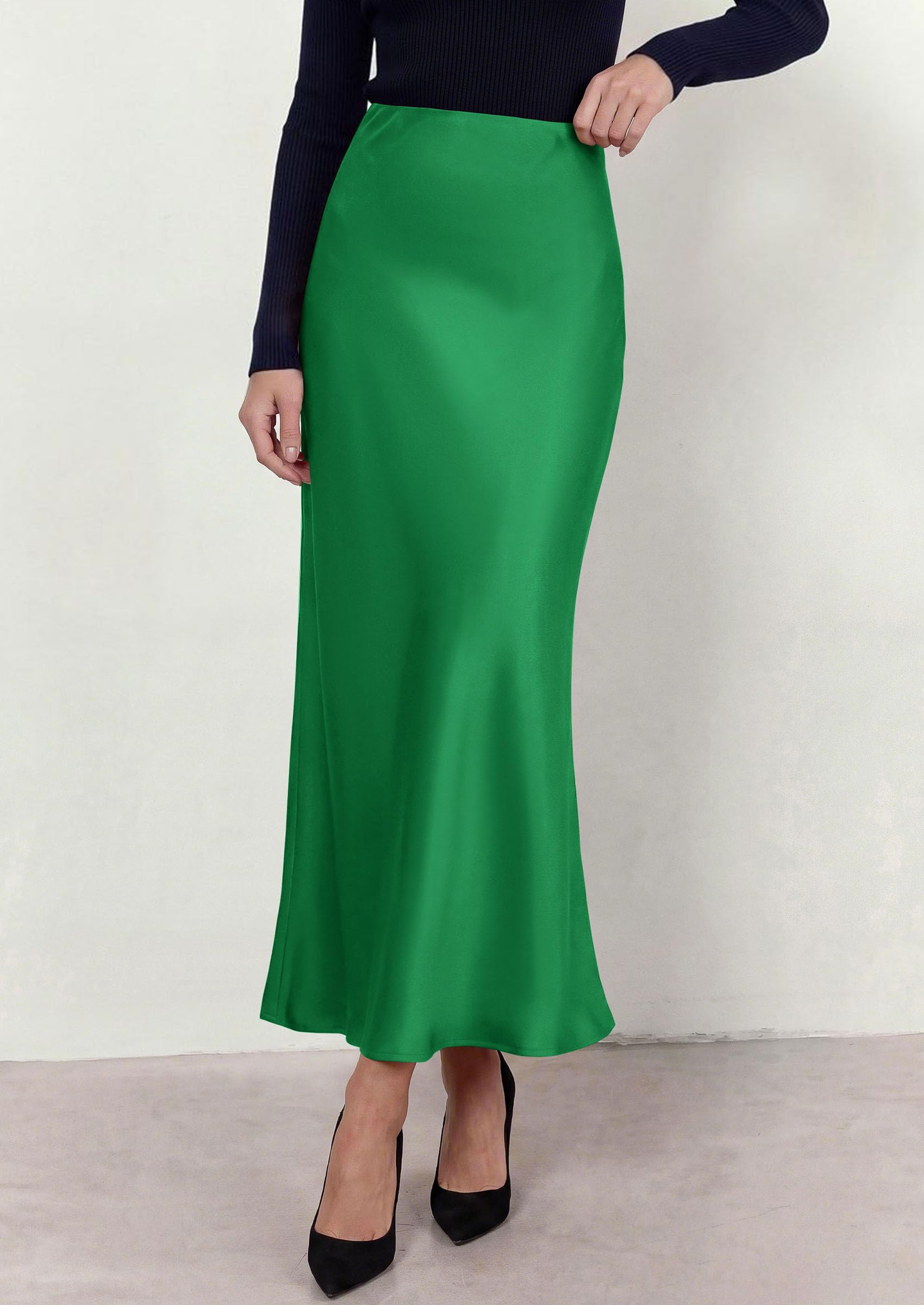 Women's Silk Satin Maxi Skirts Fall Clothes (Green,S)