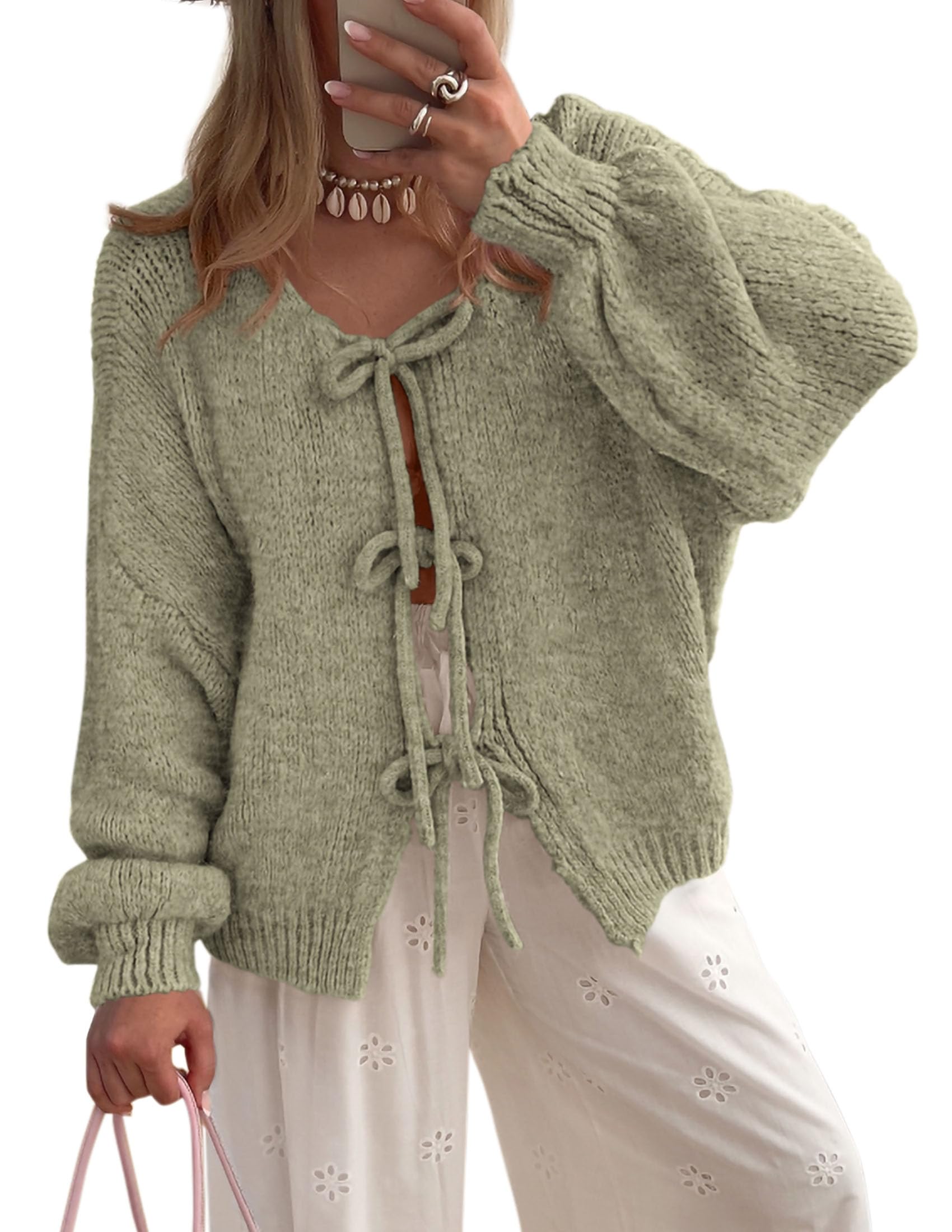 Women's Tie Front Bow Cardigan Sweaters(Mist Green,Small)