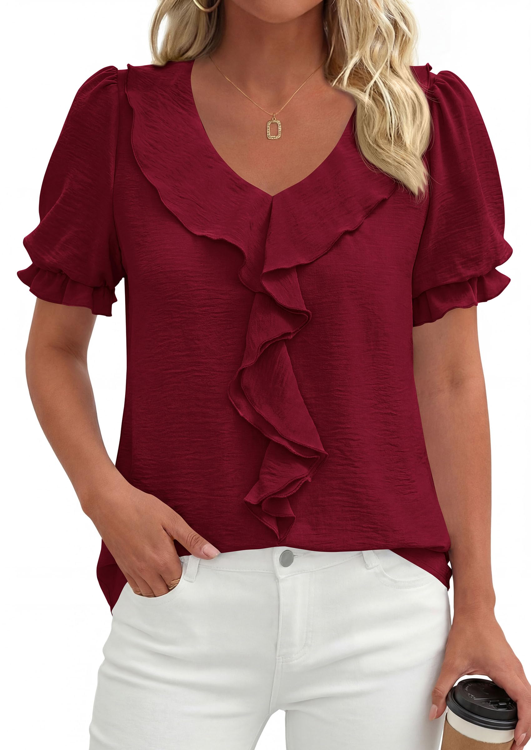 Women's Summer Ruffle Dressy Casual Blouses (Burgundy,S)