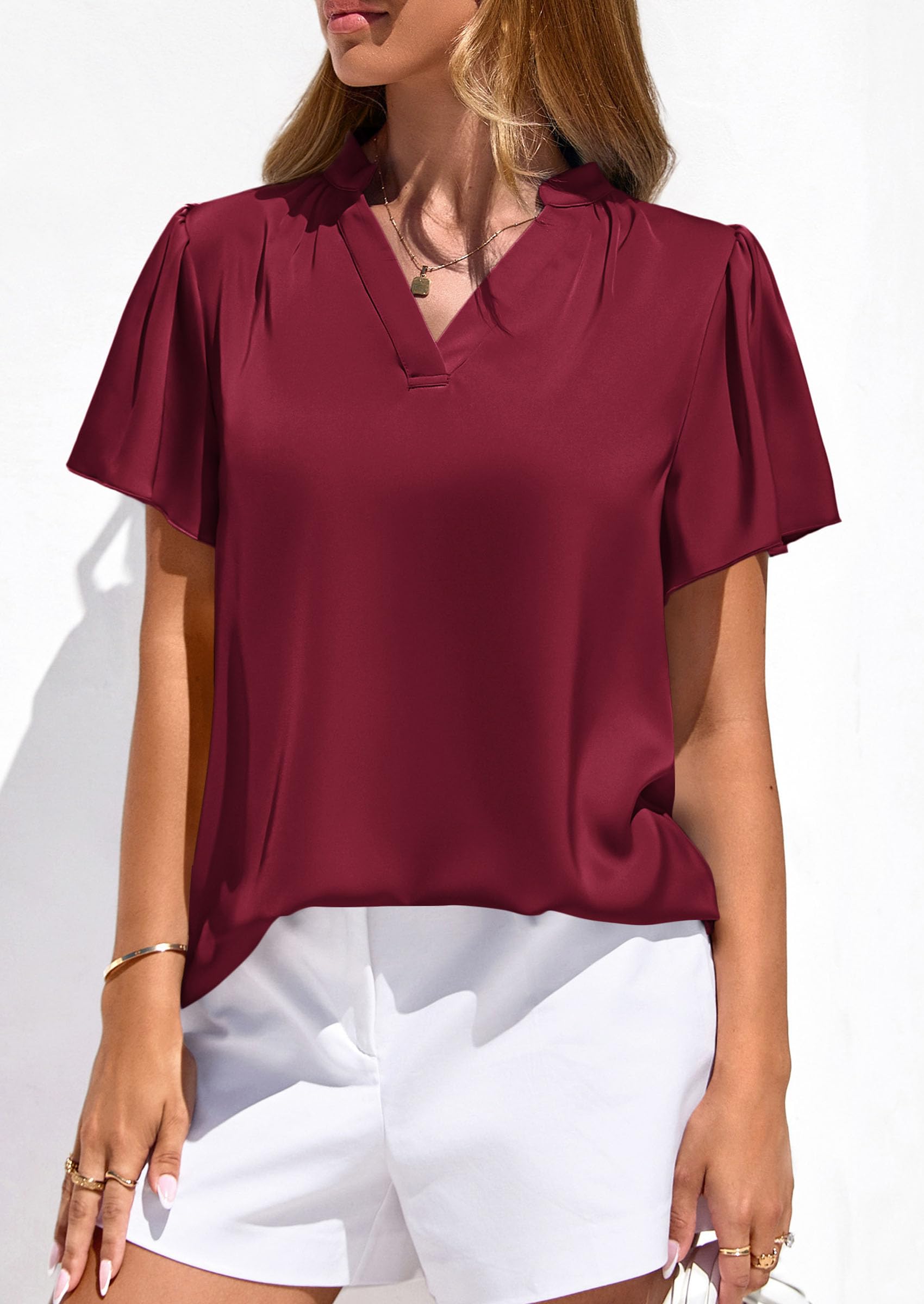 Women's Summer Satin Dressy Casual Blouses (Burgundy,M)