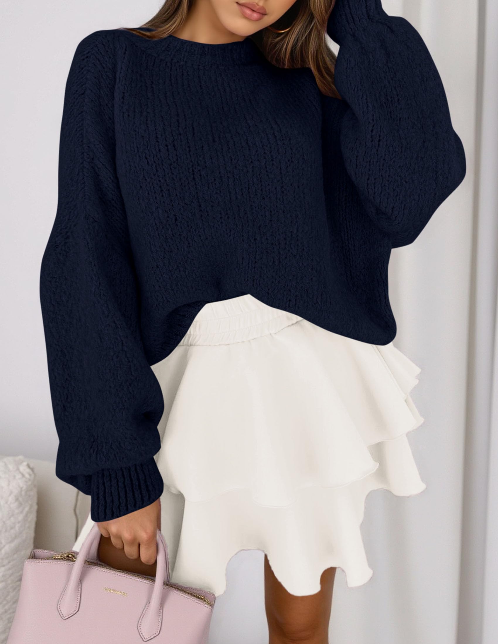 Women's Chunky Knit Oversized Pullover Sweaters,Navy Blue,S