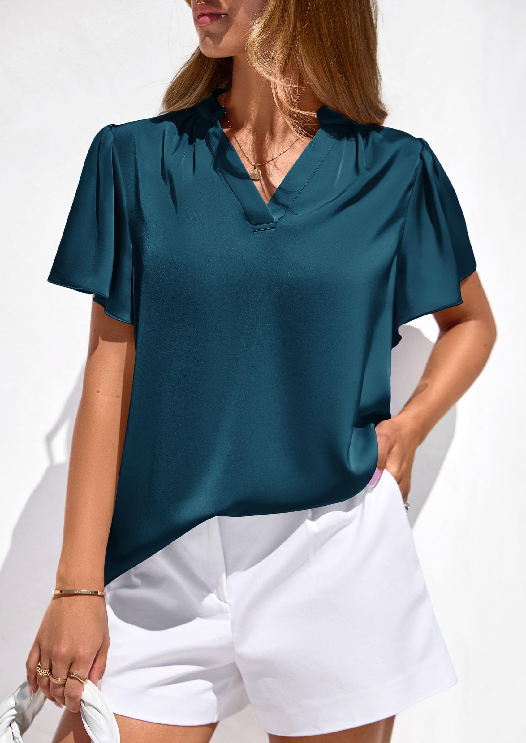 Women's Summer Satin Dressy Casual Blouses (Dark Blue,S)