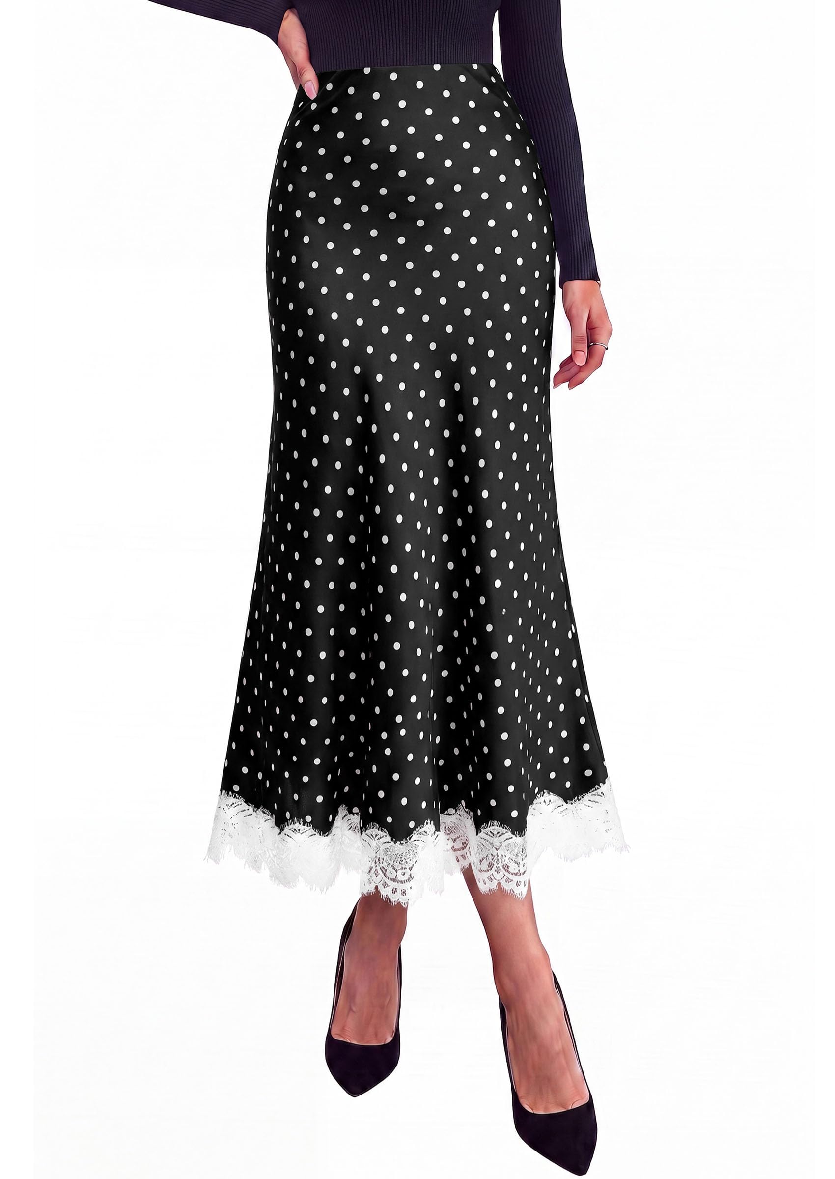 Women's Polka Dot Satin Skirt Fall Flowy Midi Leopard Skirts
