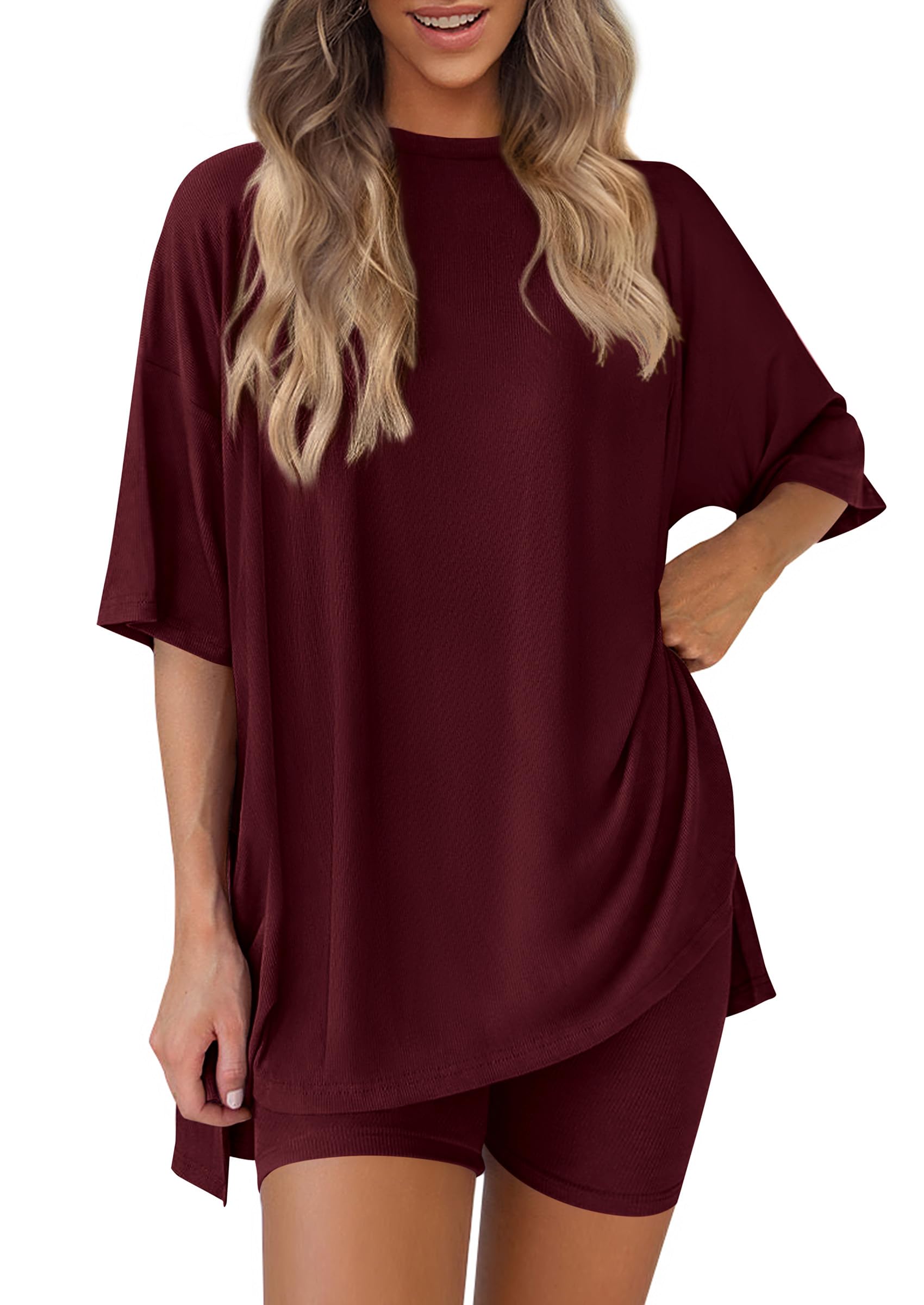 Women 2 Piece Lounge Set Airport Travel Outfit, Wine Red,S
