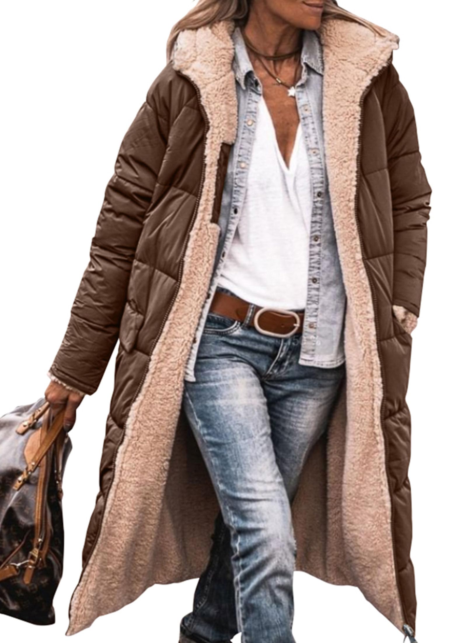 Women's Winter Fleece Warm Long Coats(Dark Coffee,Small)