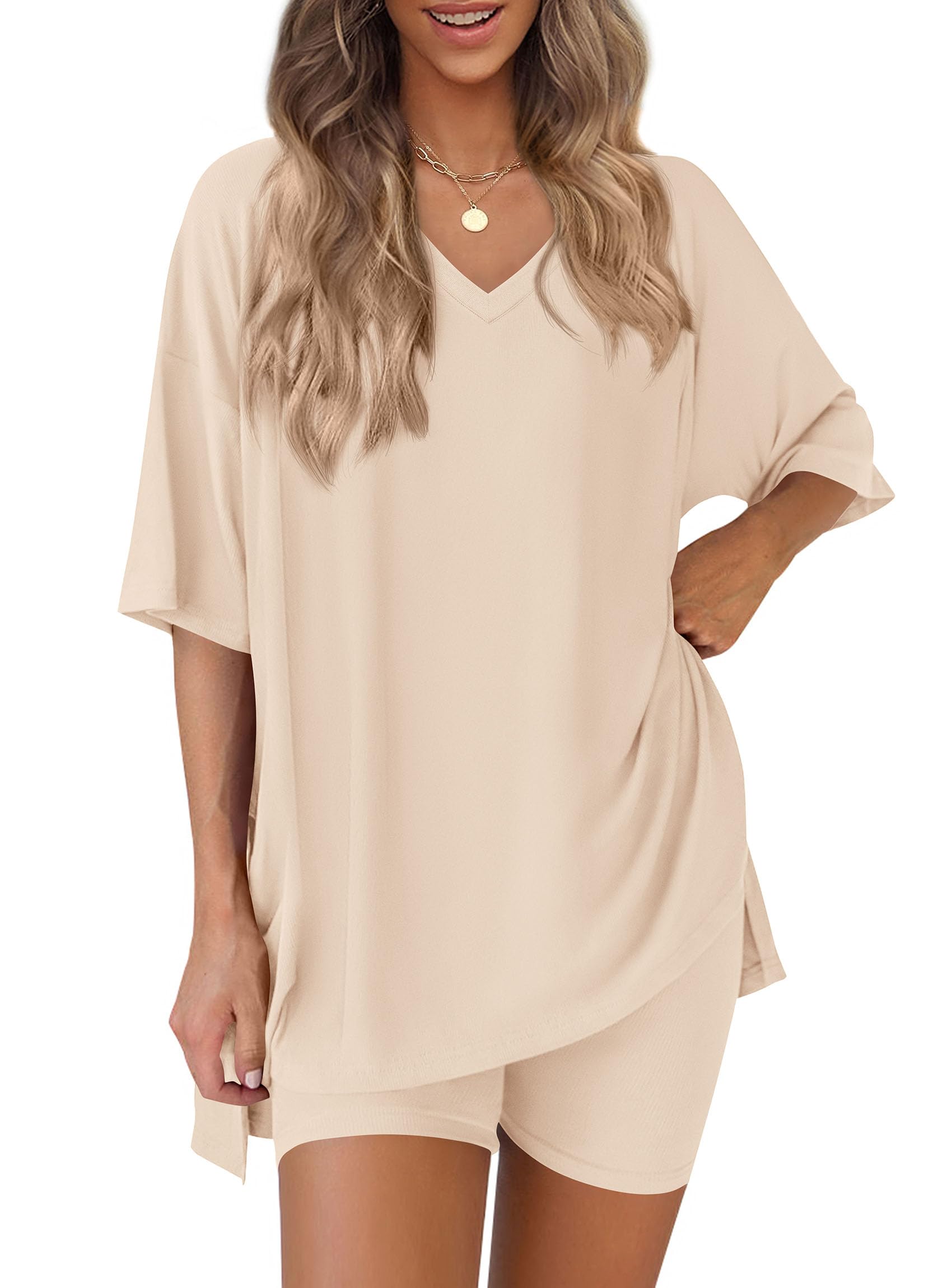 Womens 2 Piece Outfit Lounge Short Sets,Beige,S