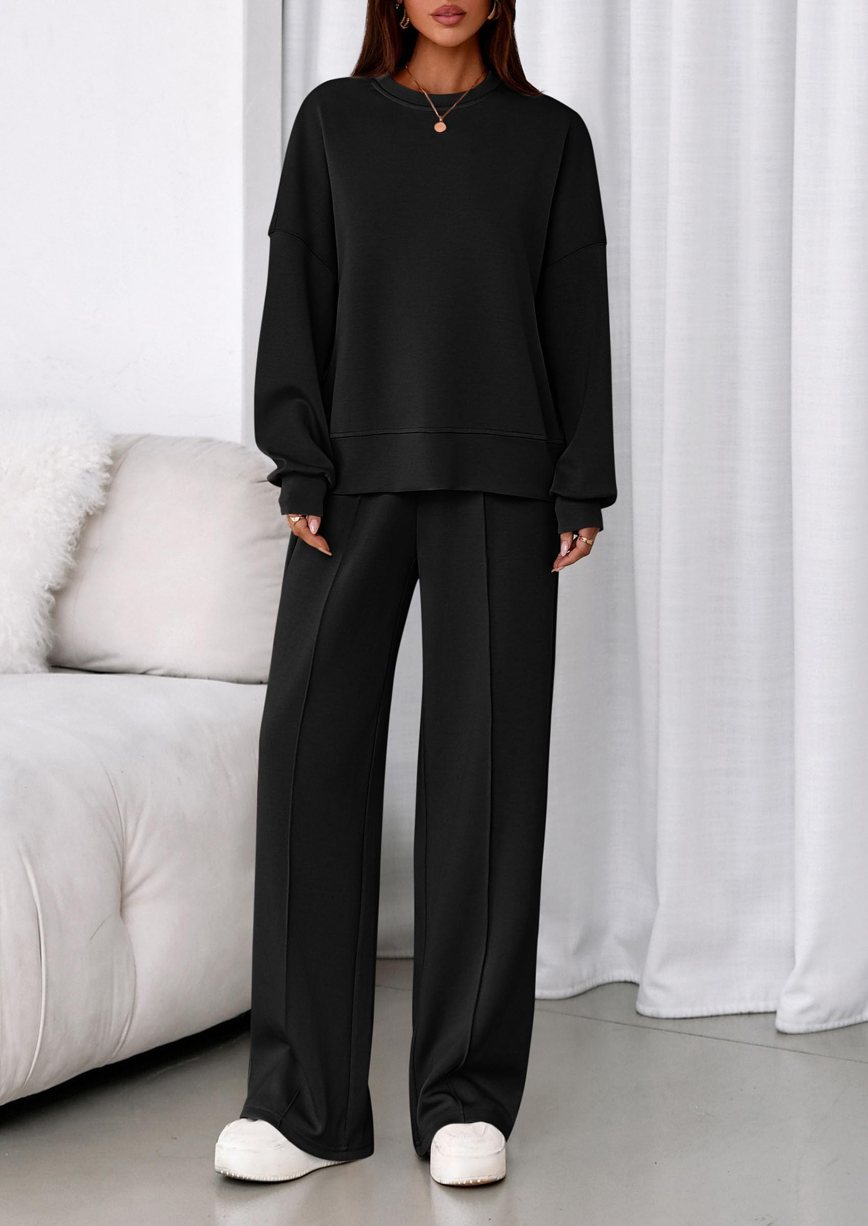 Womens Long Sleeve Sweatshirt 2 Piece Sets,Black,S