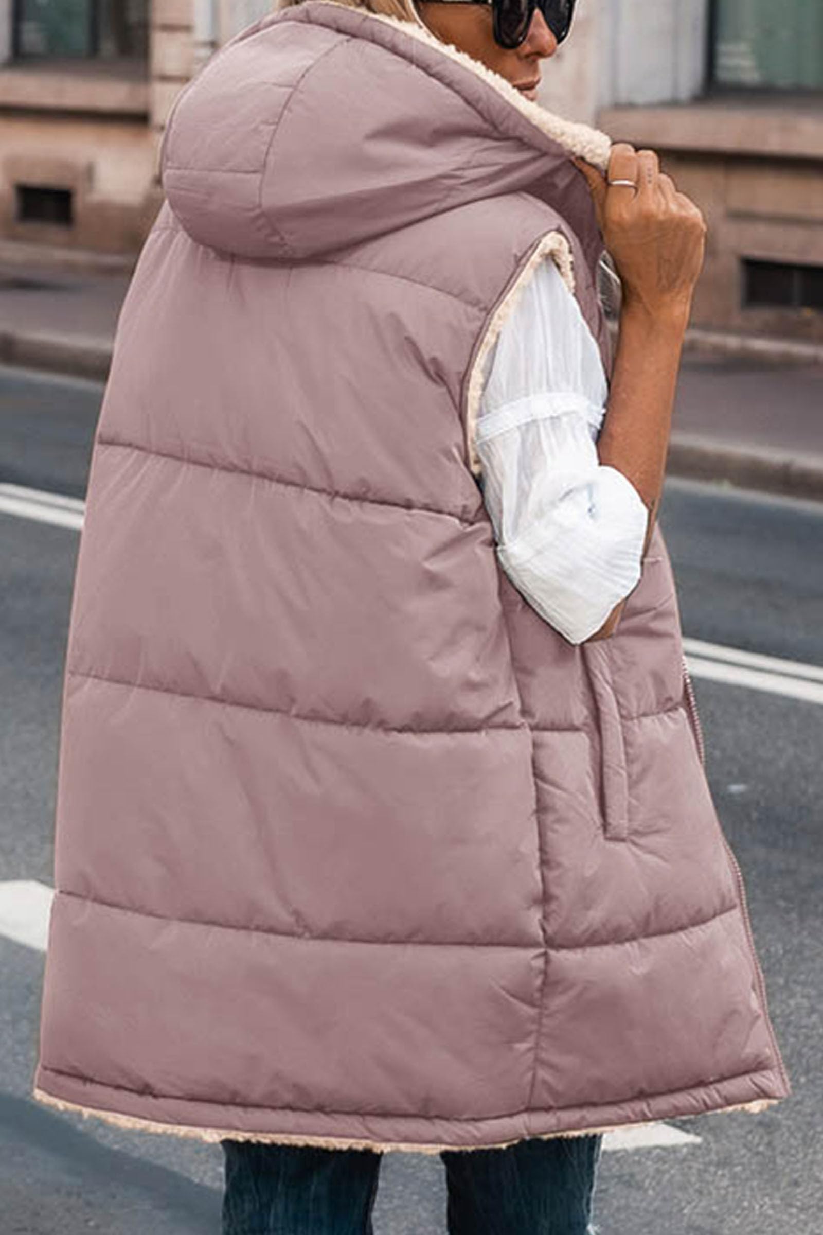 Women's Winter Reversible Fleece Long Vests Bean Paste Pink,S