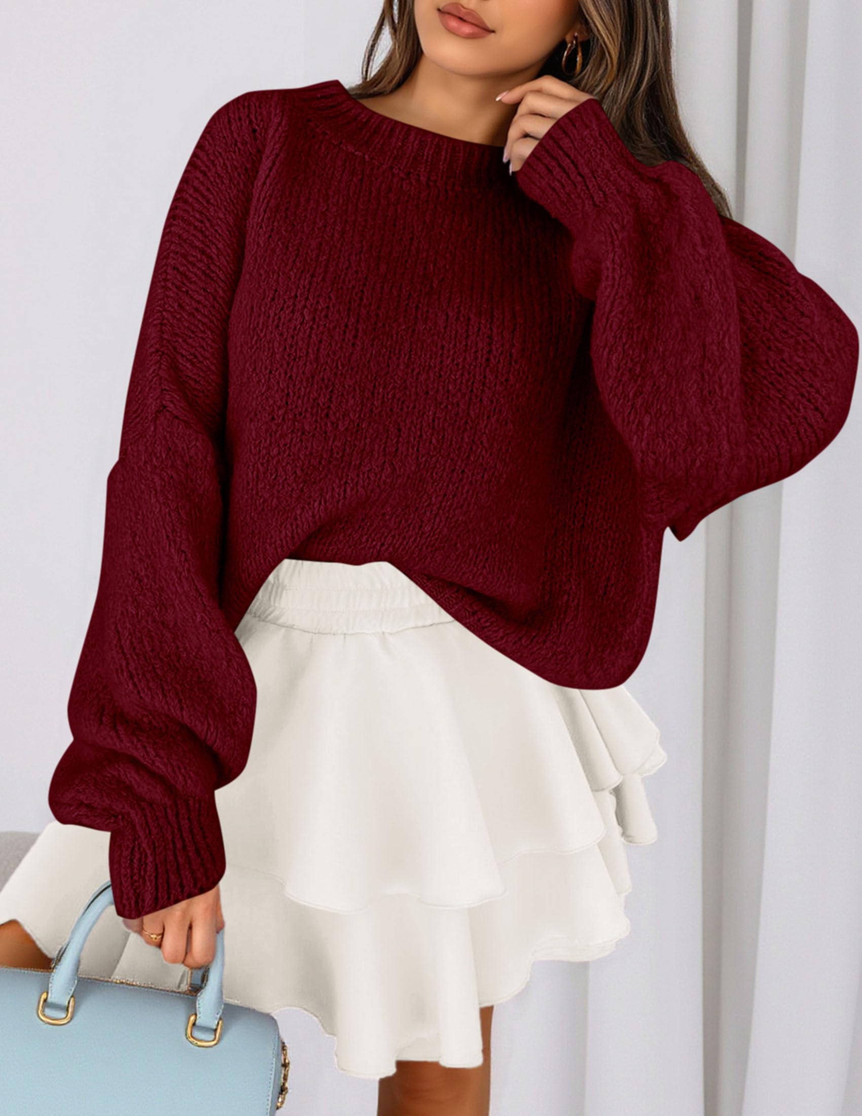Women's Chunky Knit Oversized Pullover Sweaters,Burgundy,S
