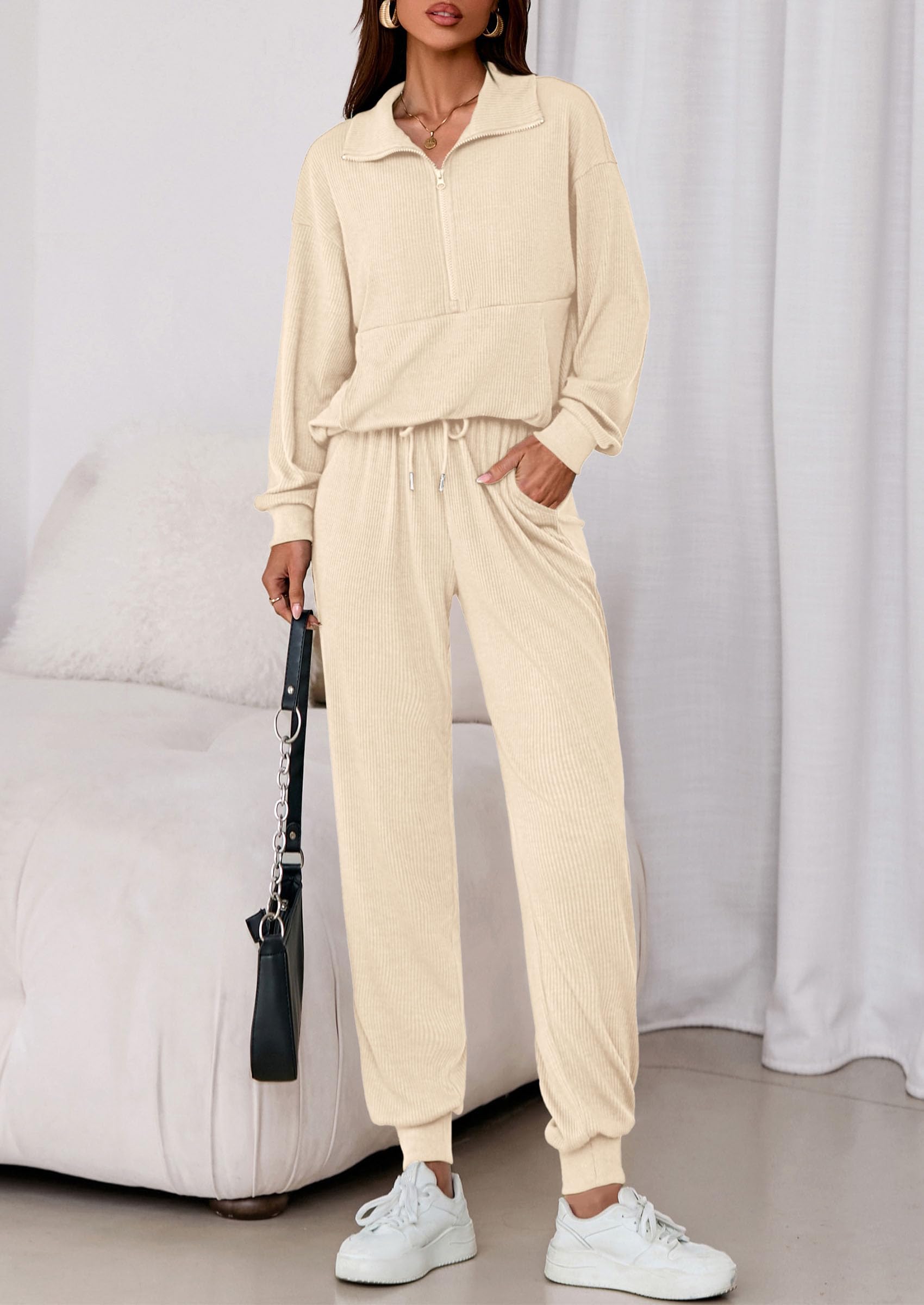 Airport Travel Outfit Women Ribbed Knit Matching Lounge Sets