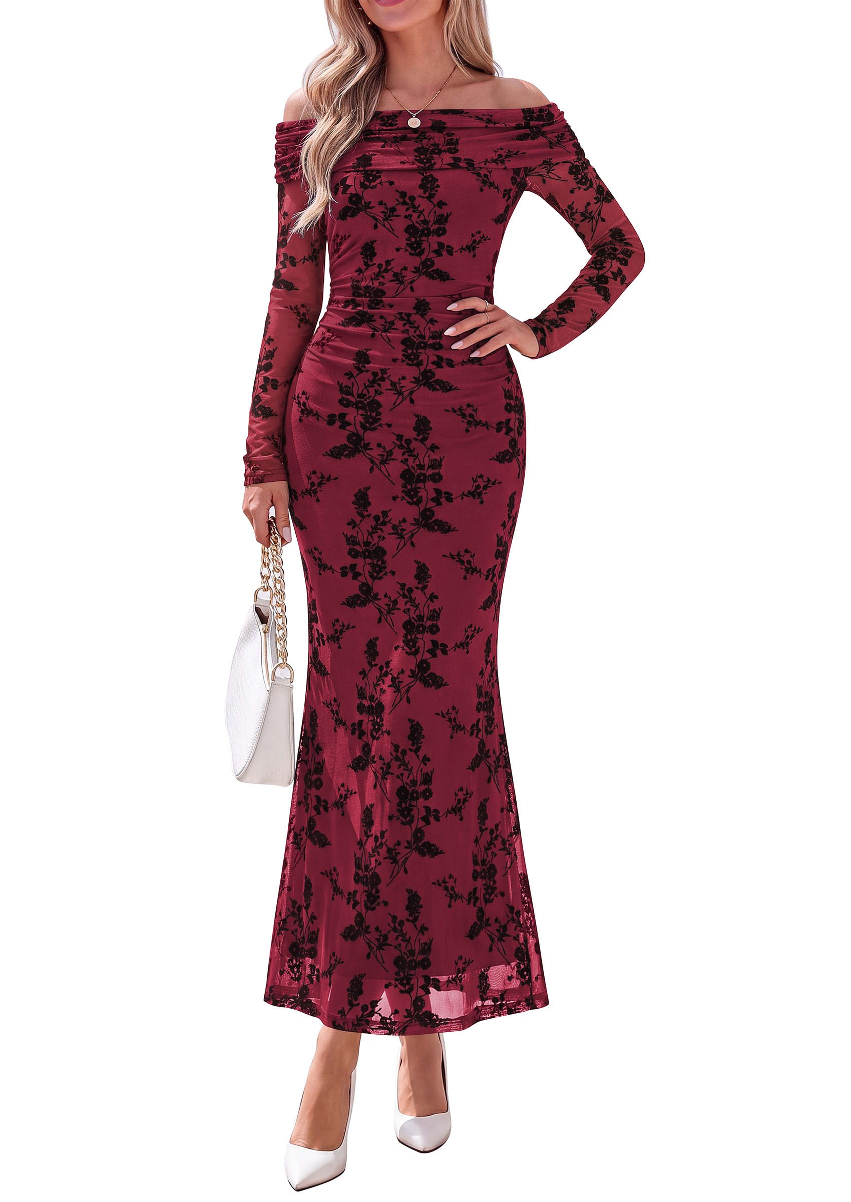 Womens Fall Off Shoulder Floral Maxi Wedding Guest Dress