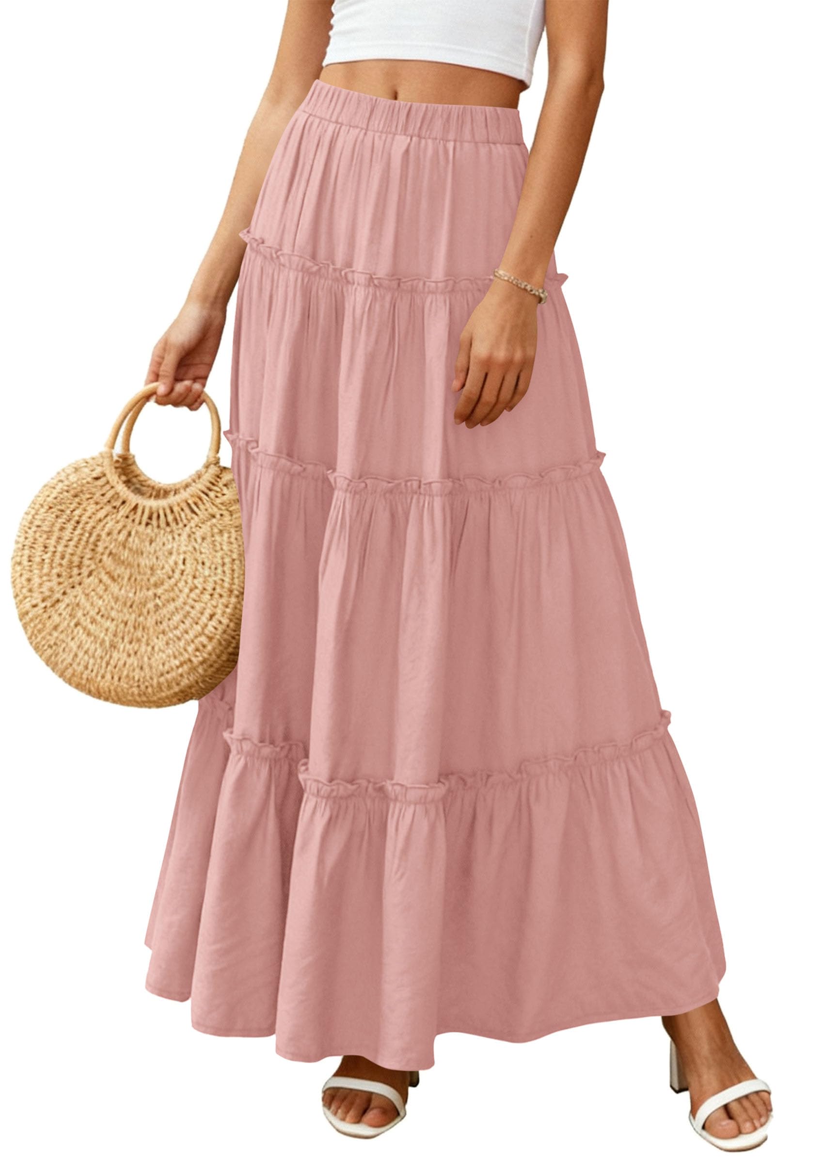 Women's Boho Tiered Ruffle Flowy Maxi Skirt, Pink,S