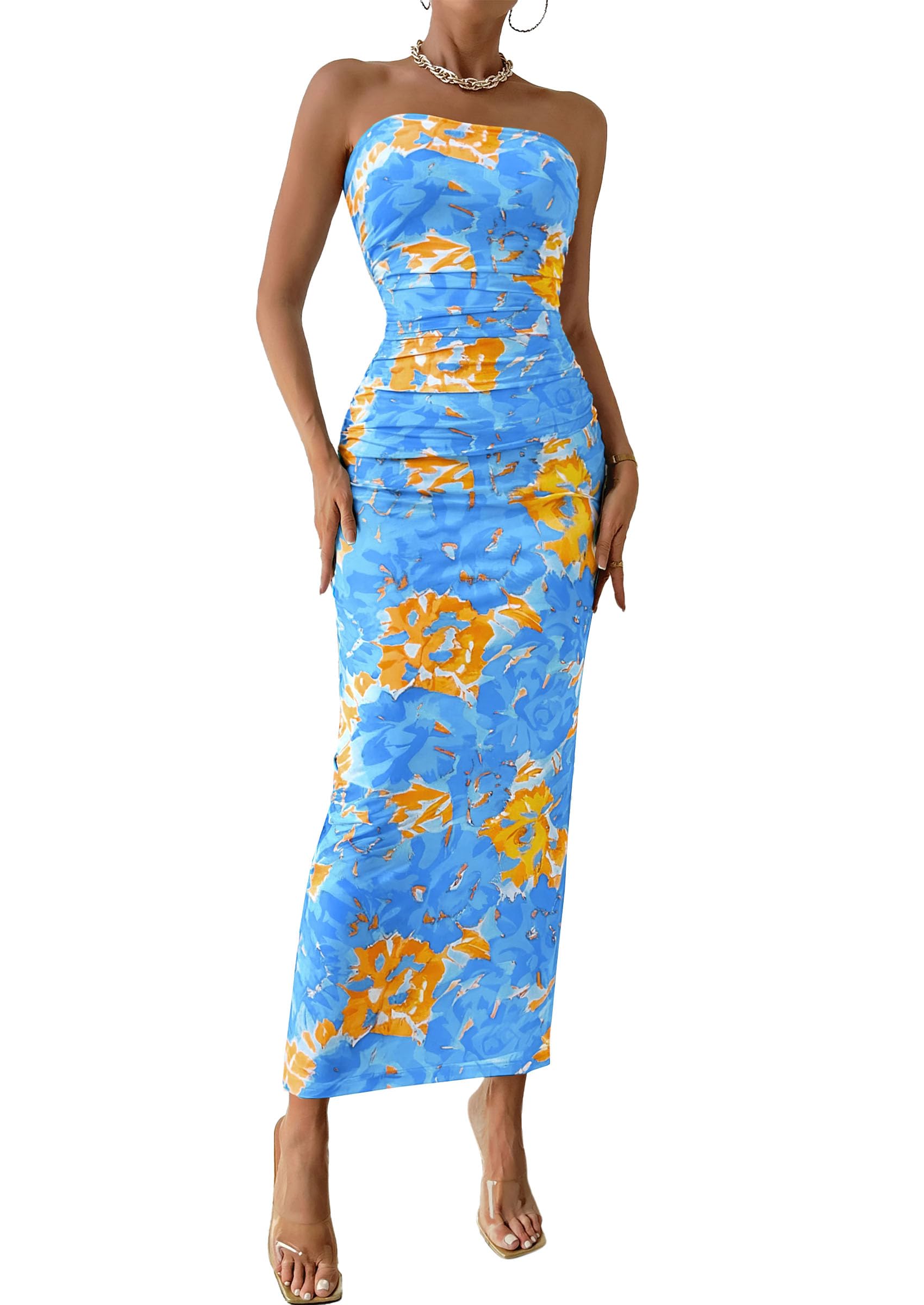 Womens Strapless Bodycon Maxi Dress, Light Blue Floral,S
