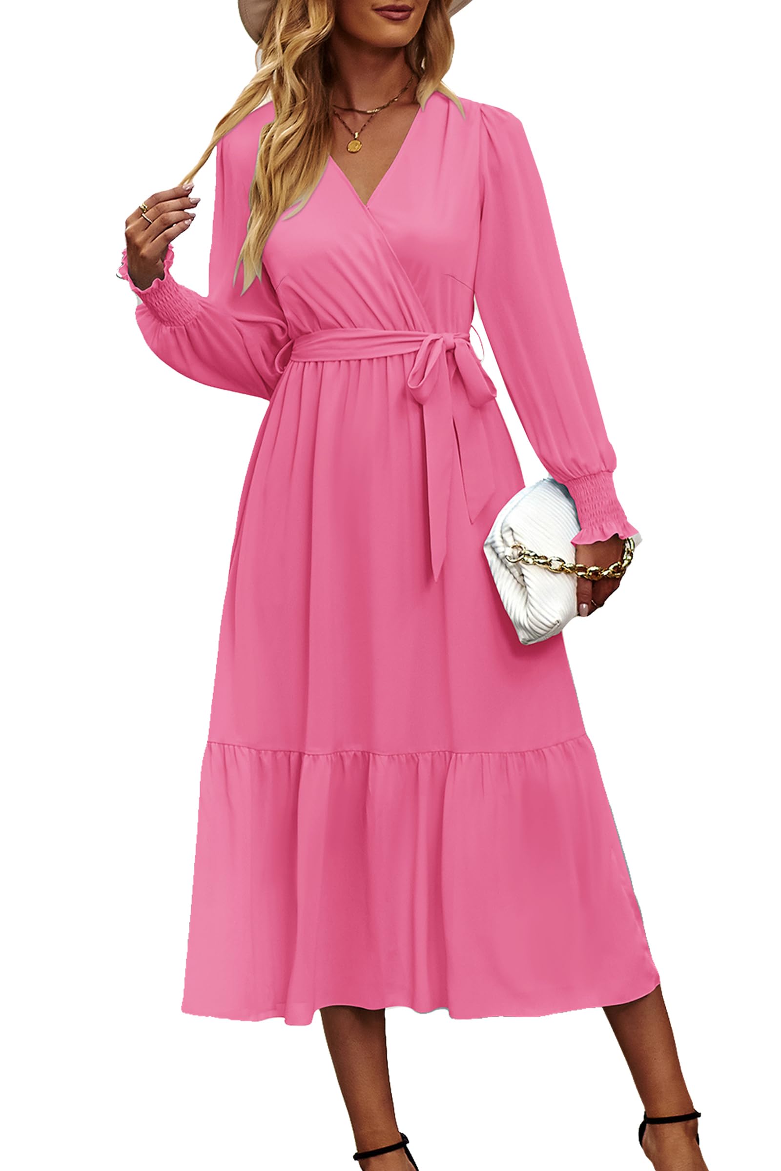 Women's Boho Long Sleeve Maxi Dress, Solid Rose Pink,S