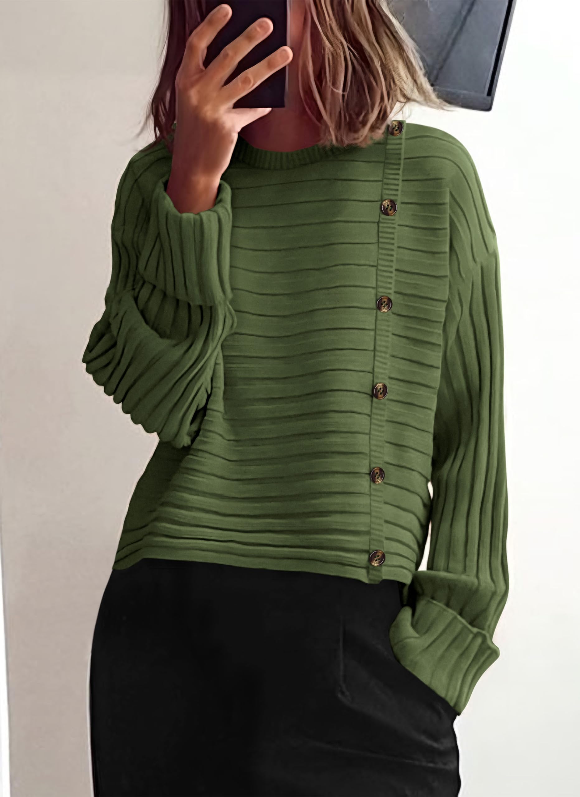 Womens Asymmetric Button Long Sleeve Sweater,Light Green,S