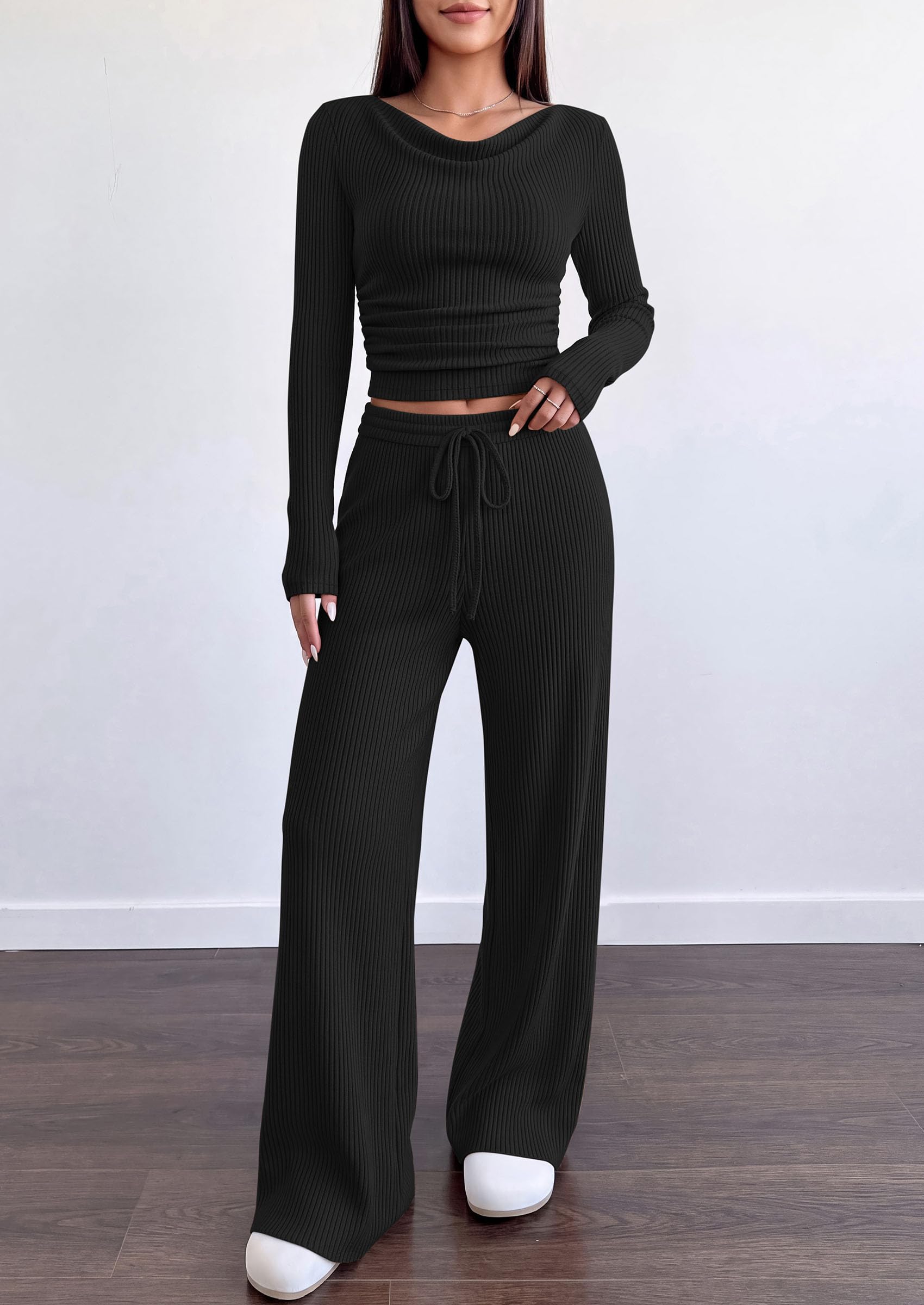 Matching Sets Women Clothing Fall Ribbed 2 Piece Lounge Set