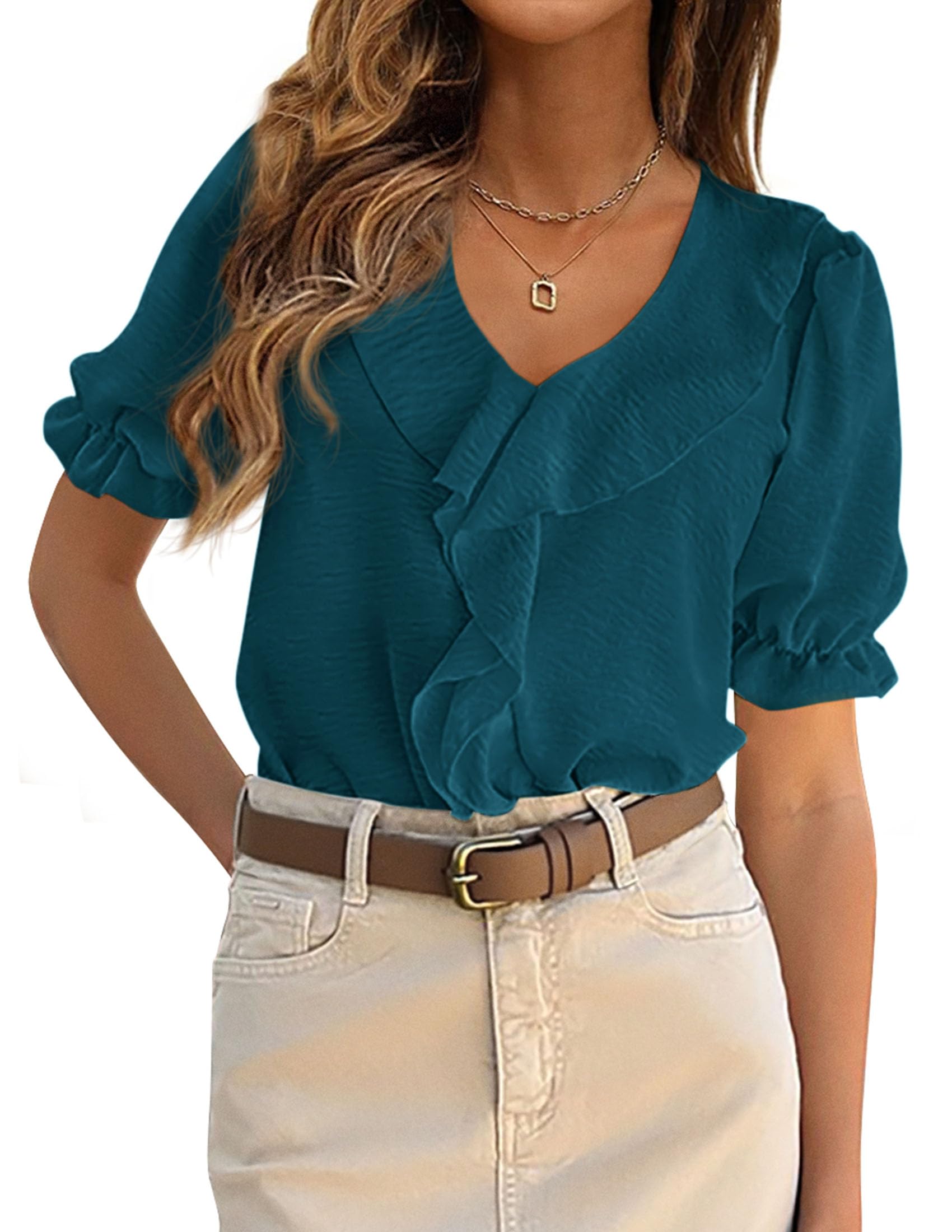 Women's Summer Ruffle Dressy Casual Blouses (Dark Blue,S)