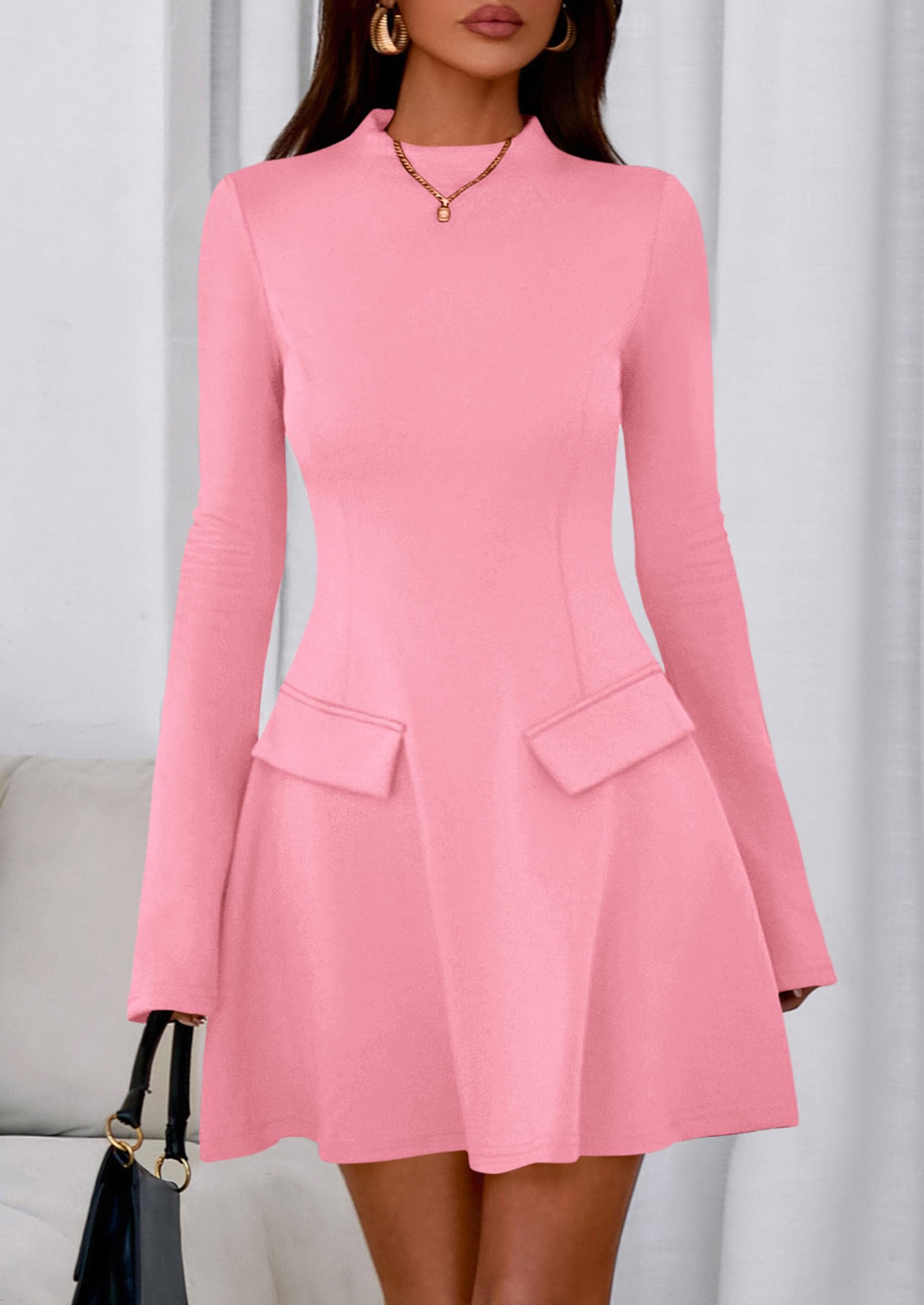 Women's Fall Bell Sleeve Short Dress,Pink,XS