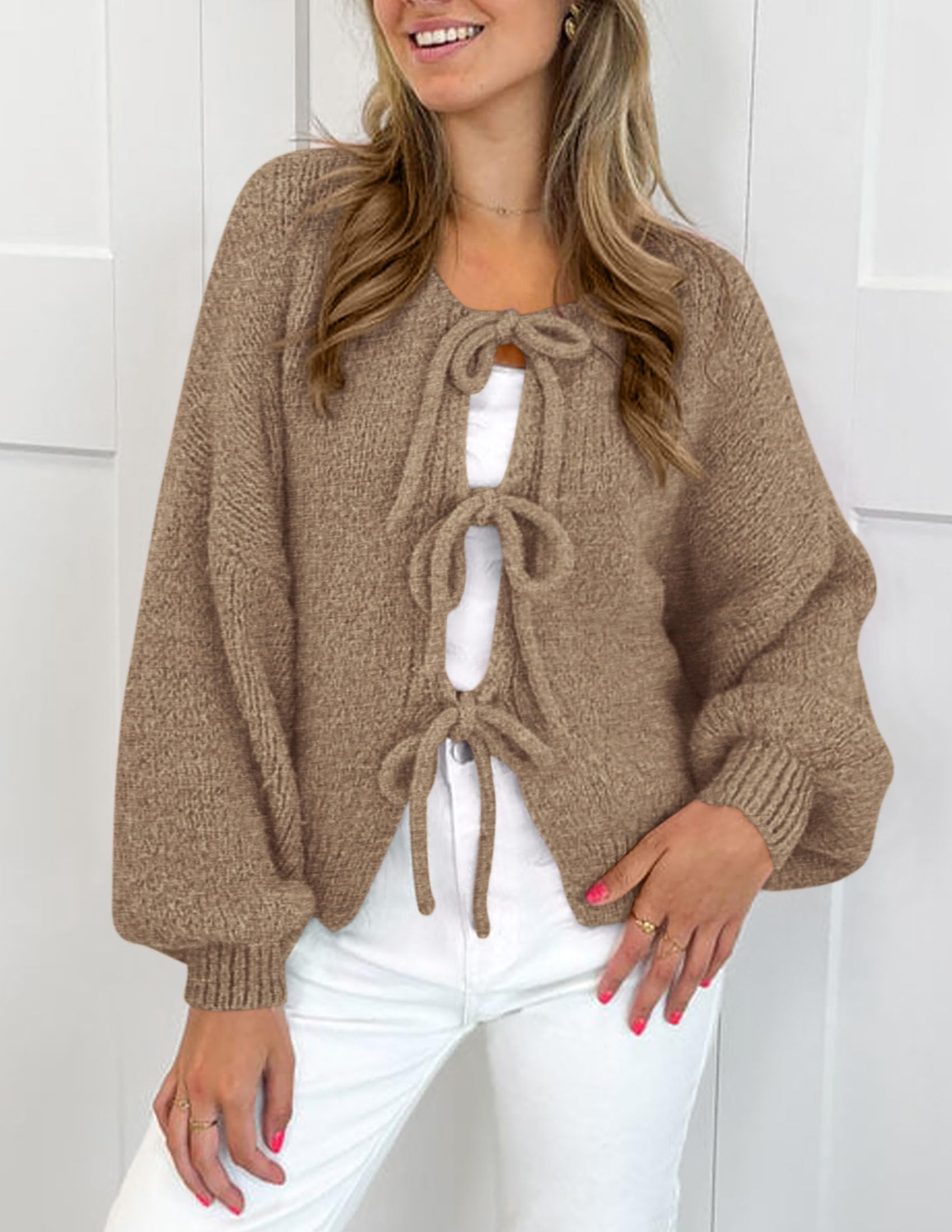 Women's Tie Front Bow Cardigan Sweaters(Light Khaki,Small)