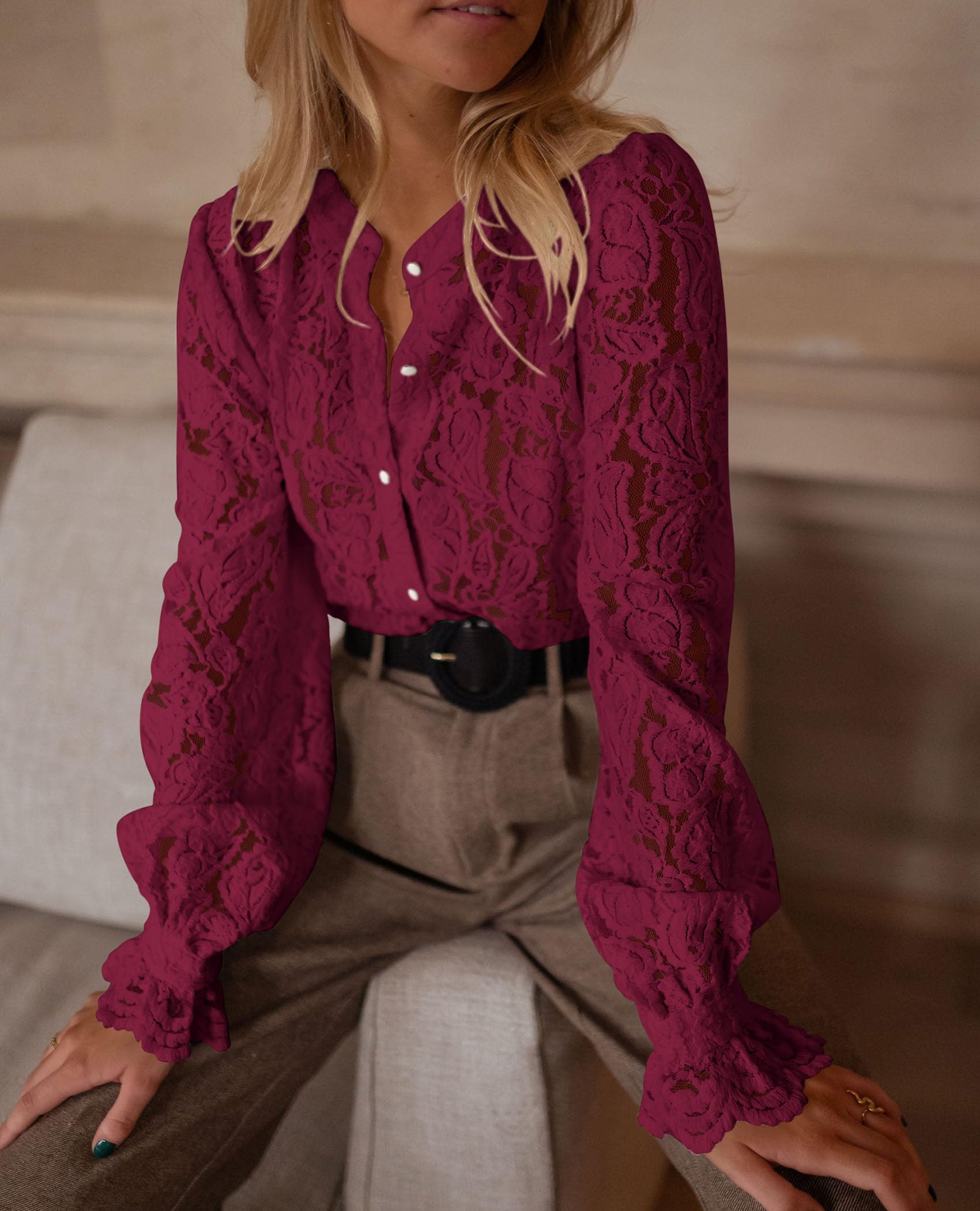 Women's Fall Trendy Long Sleeve Lace Tops(Wine Red,Small)