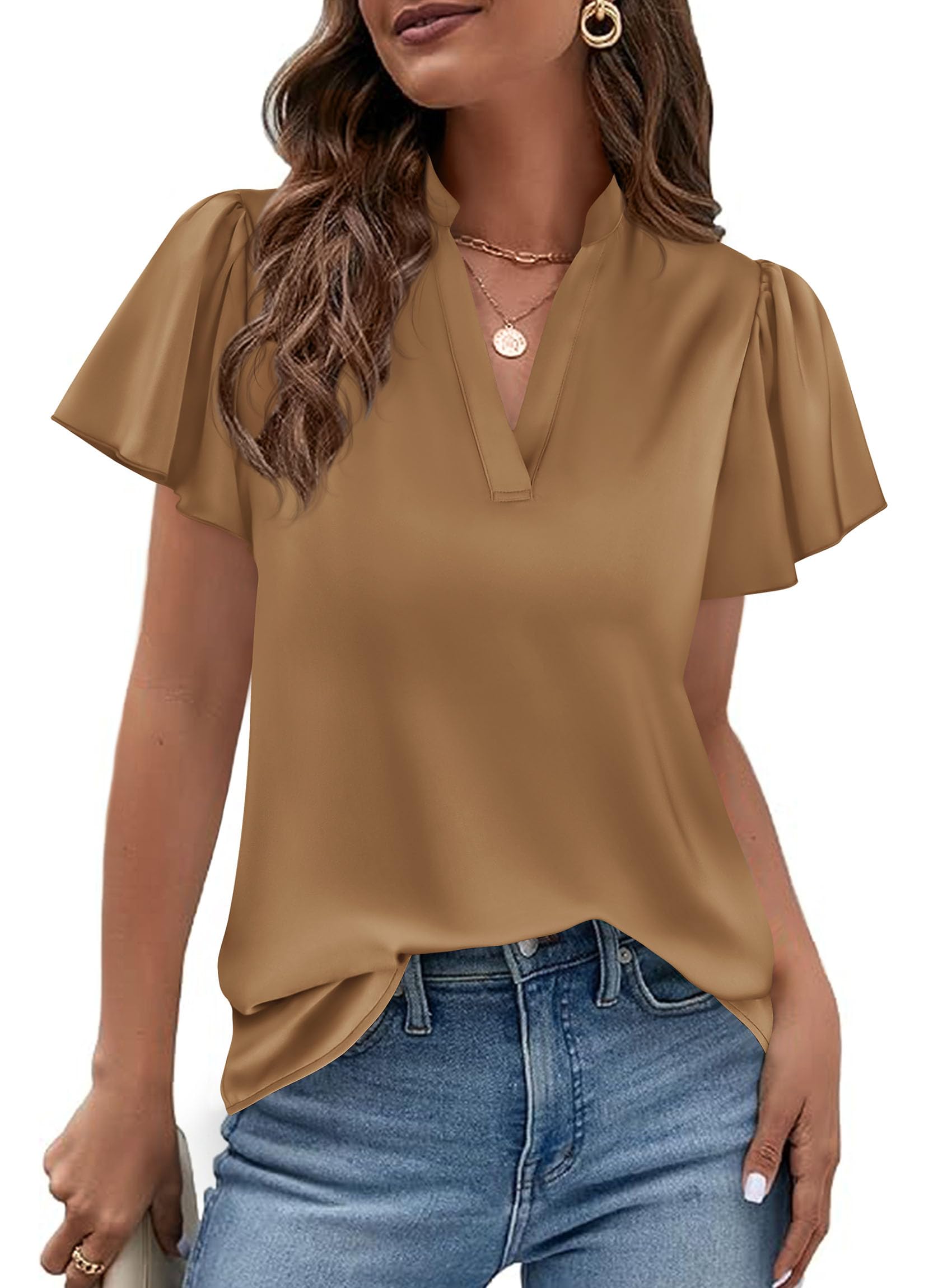 Women's Summer Satin Dressy Casual Blouses (Champagne,S)