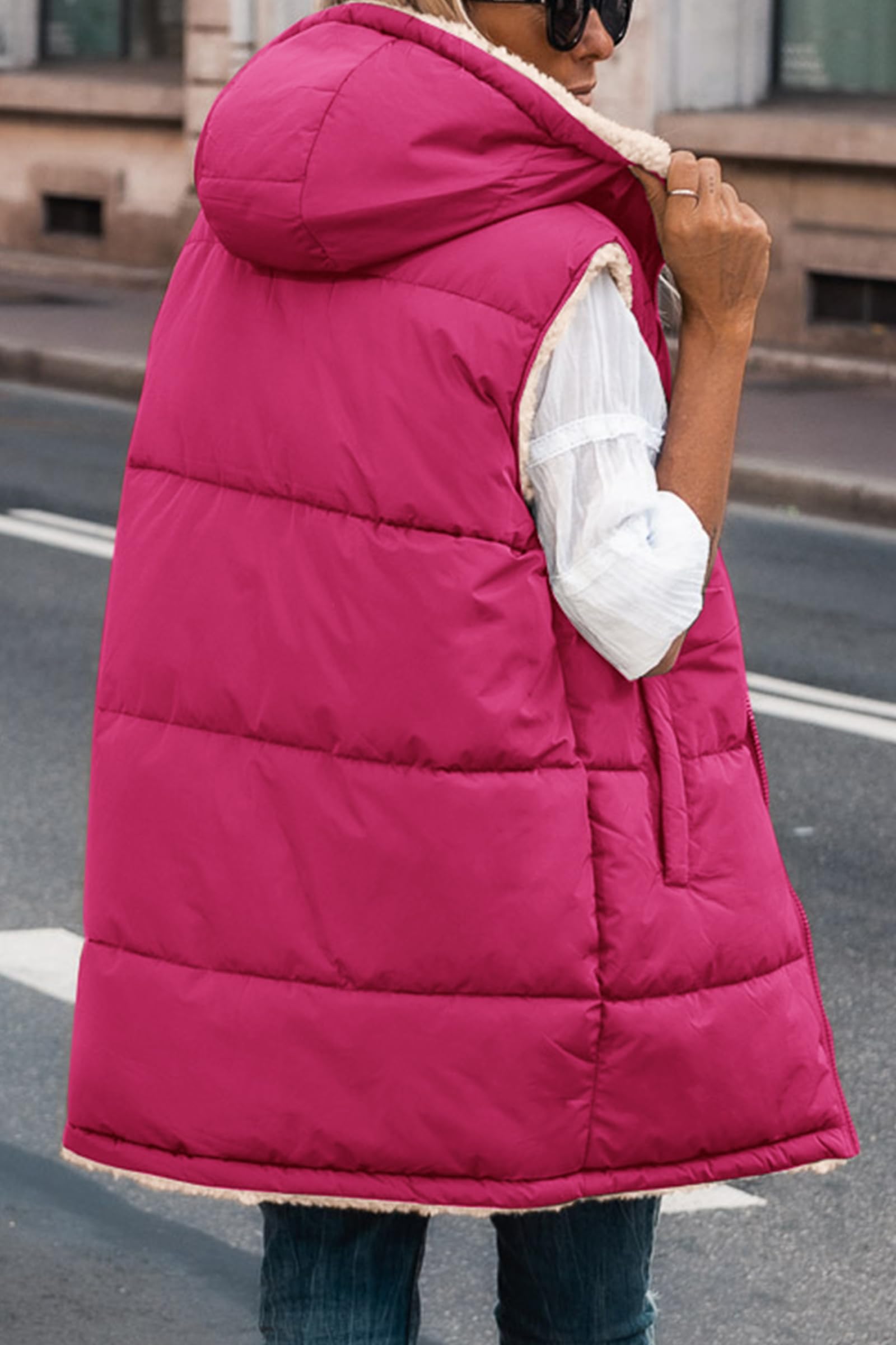 Women's Winter Reversible Fleece Long Vests(Rose Red,S)