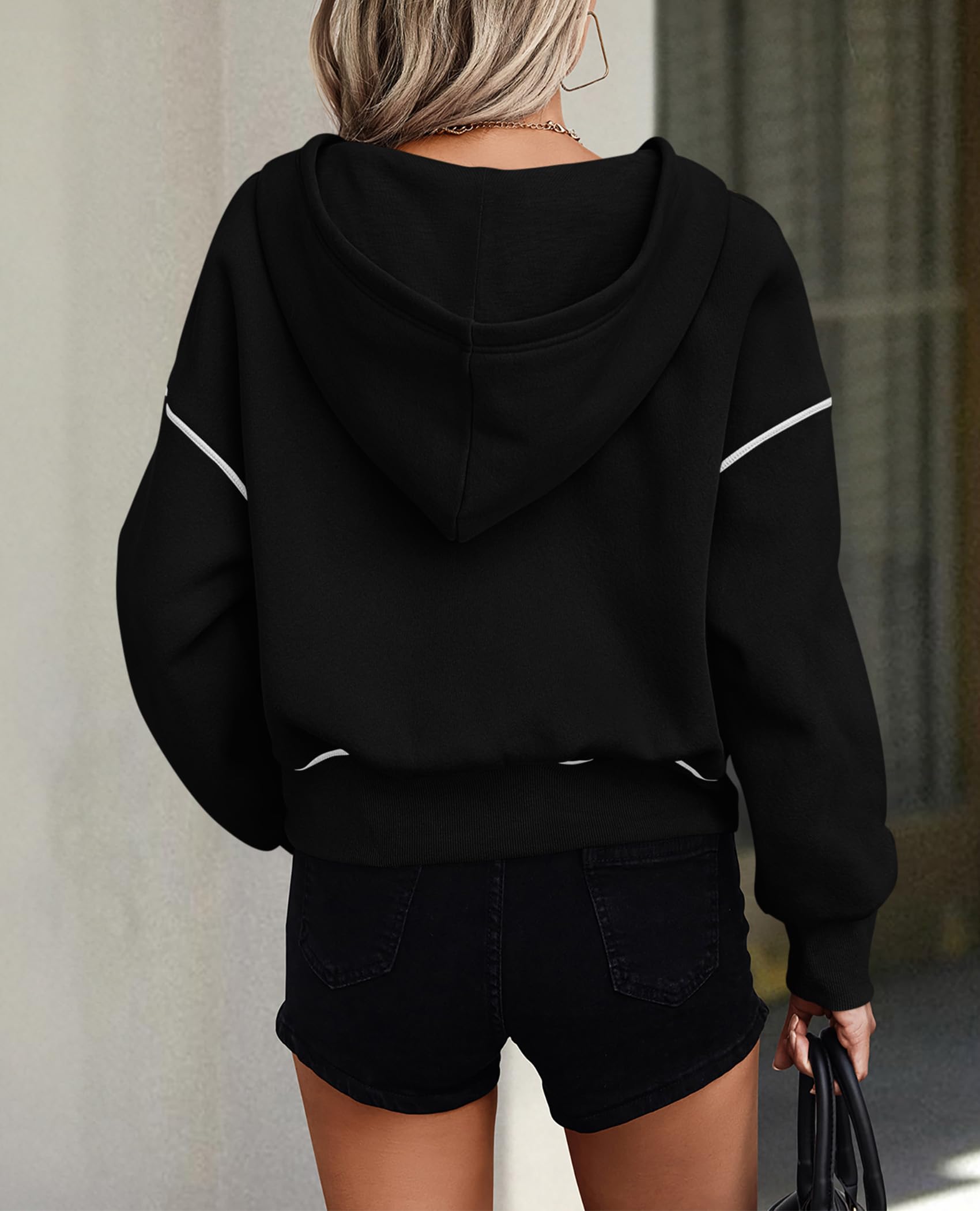 Women's Fall Half Zip Cropped Hoodie Sweatshirt Black