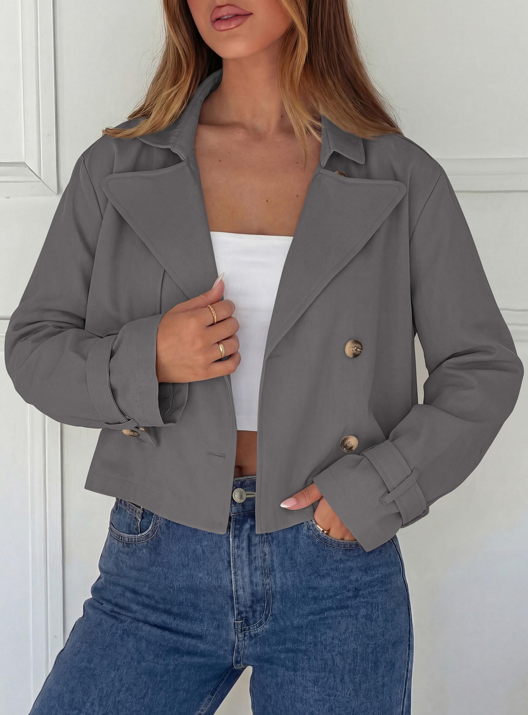 Cropped Trench Coat For Women Short Jacket,Grey,S