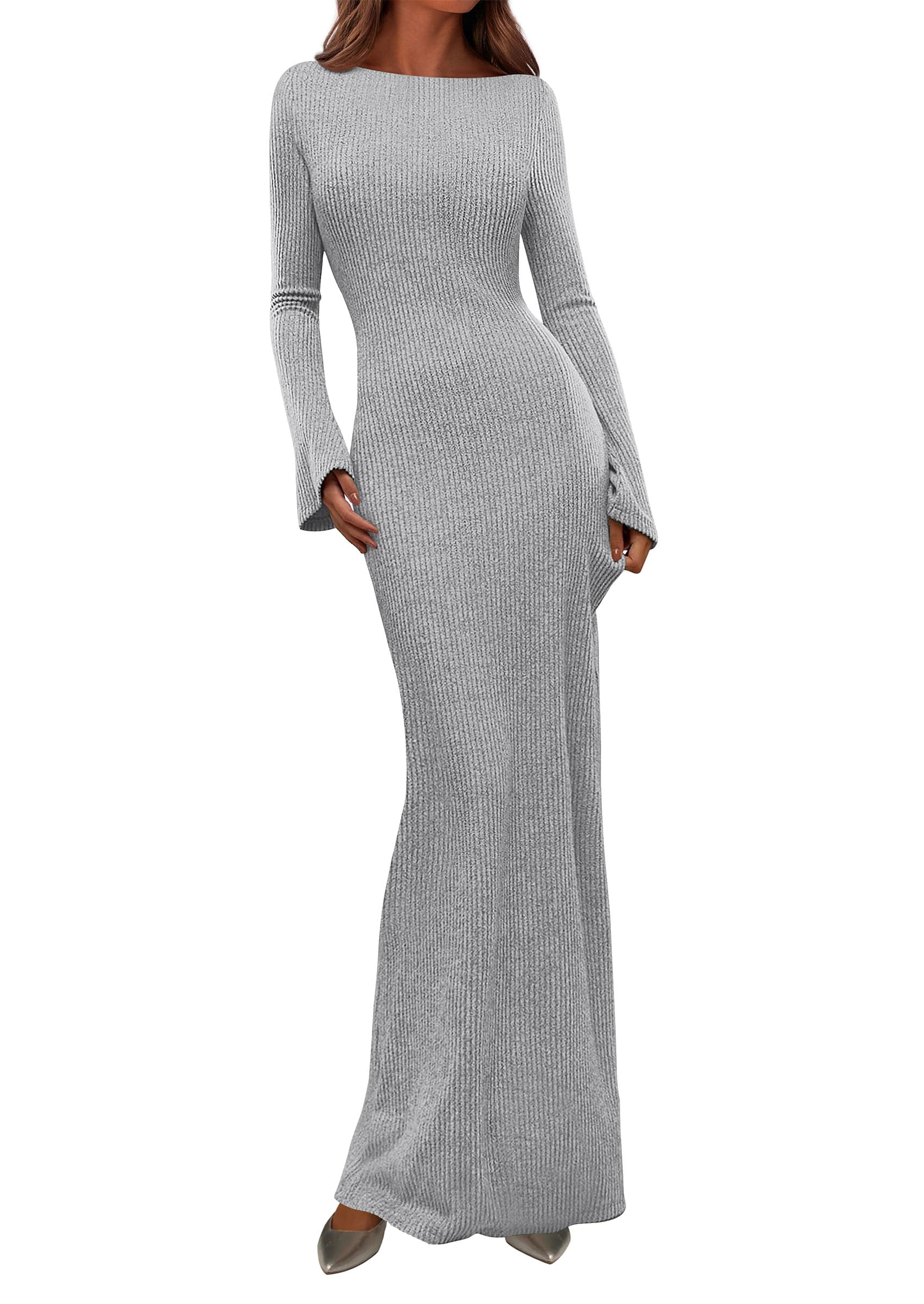 Women's Fall Long Sleeve Bodycon Maxi Dresses (Grey,XS)