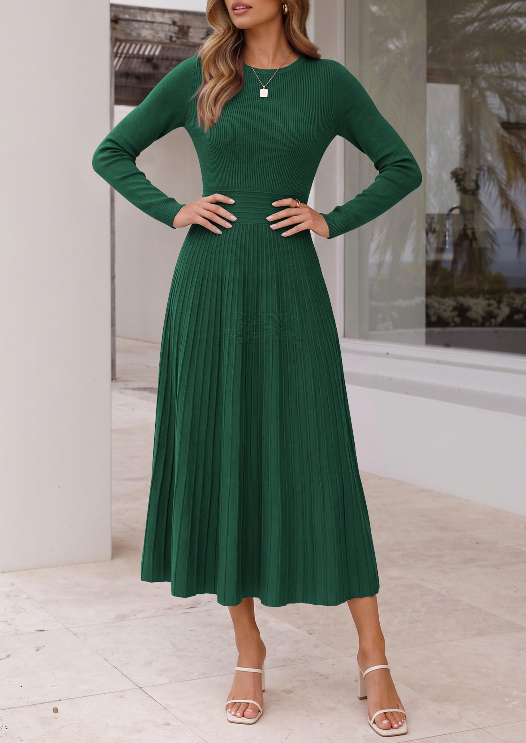 Women's Long Sleeve Knit Maxi Sweater Dress,Dark Green,S