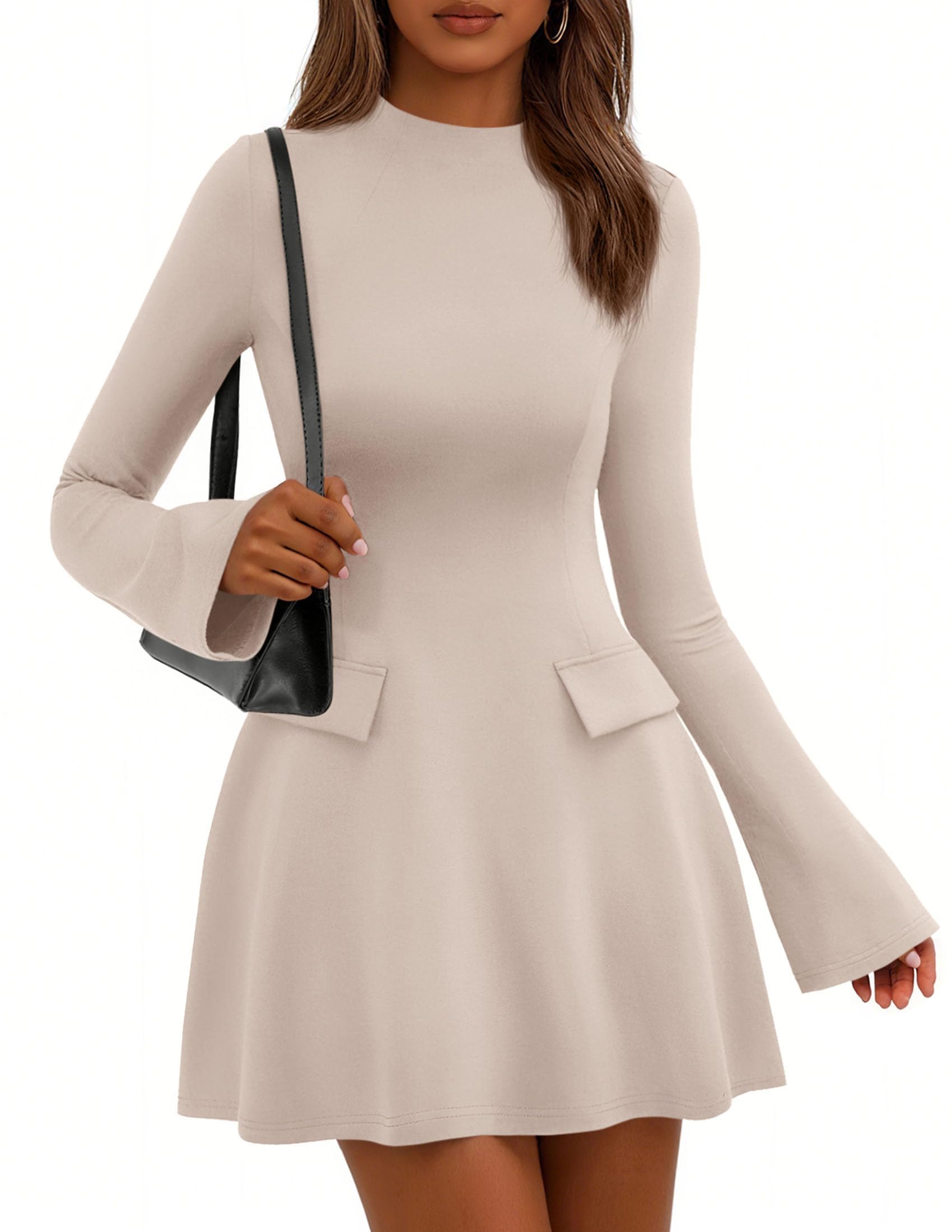 Women's Fall Bell Sleeve Short Dress,Beige Apricot,L