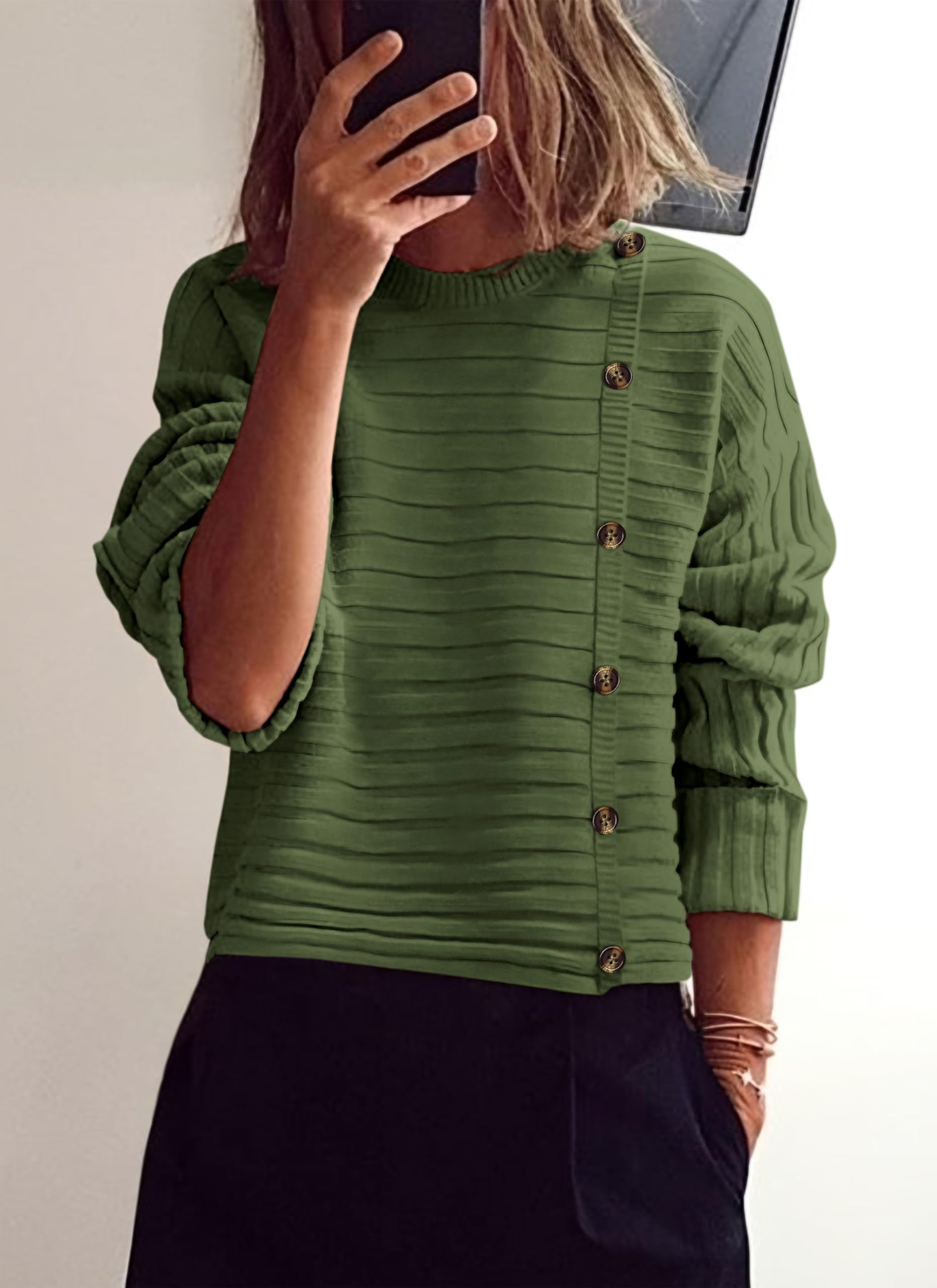 Womens Asymmetric Button Long Sleeve Sweater,Light Green,S