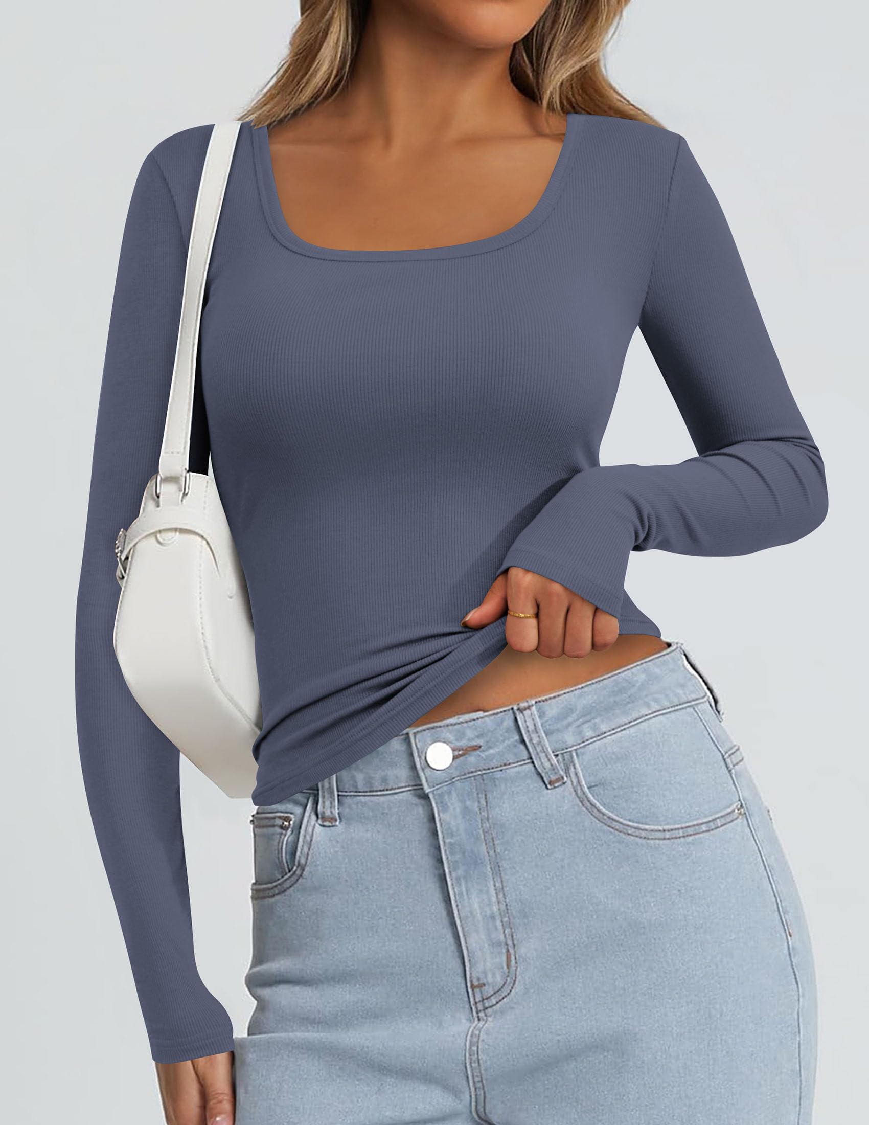 Square Neck Long Sleeve Shirts for Women Dark Dusty Blue,XS